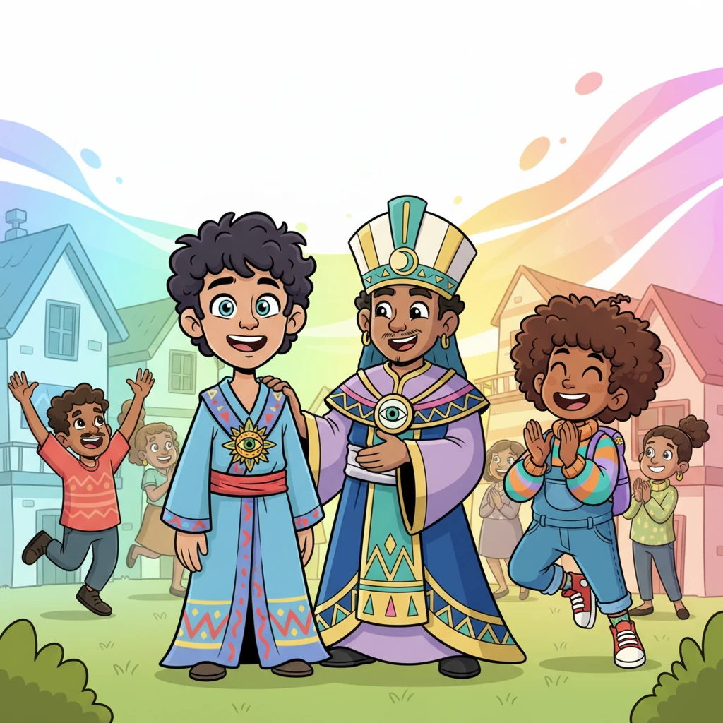 Morris raced back, just as the wave of color washed over the village, instantly transforming dull houses into cheerful hues. King Obeze, Egogu, and all the villagers cheered with pure joy. Morris stood tall, beaming as the King praised his bravery and kindness.