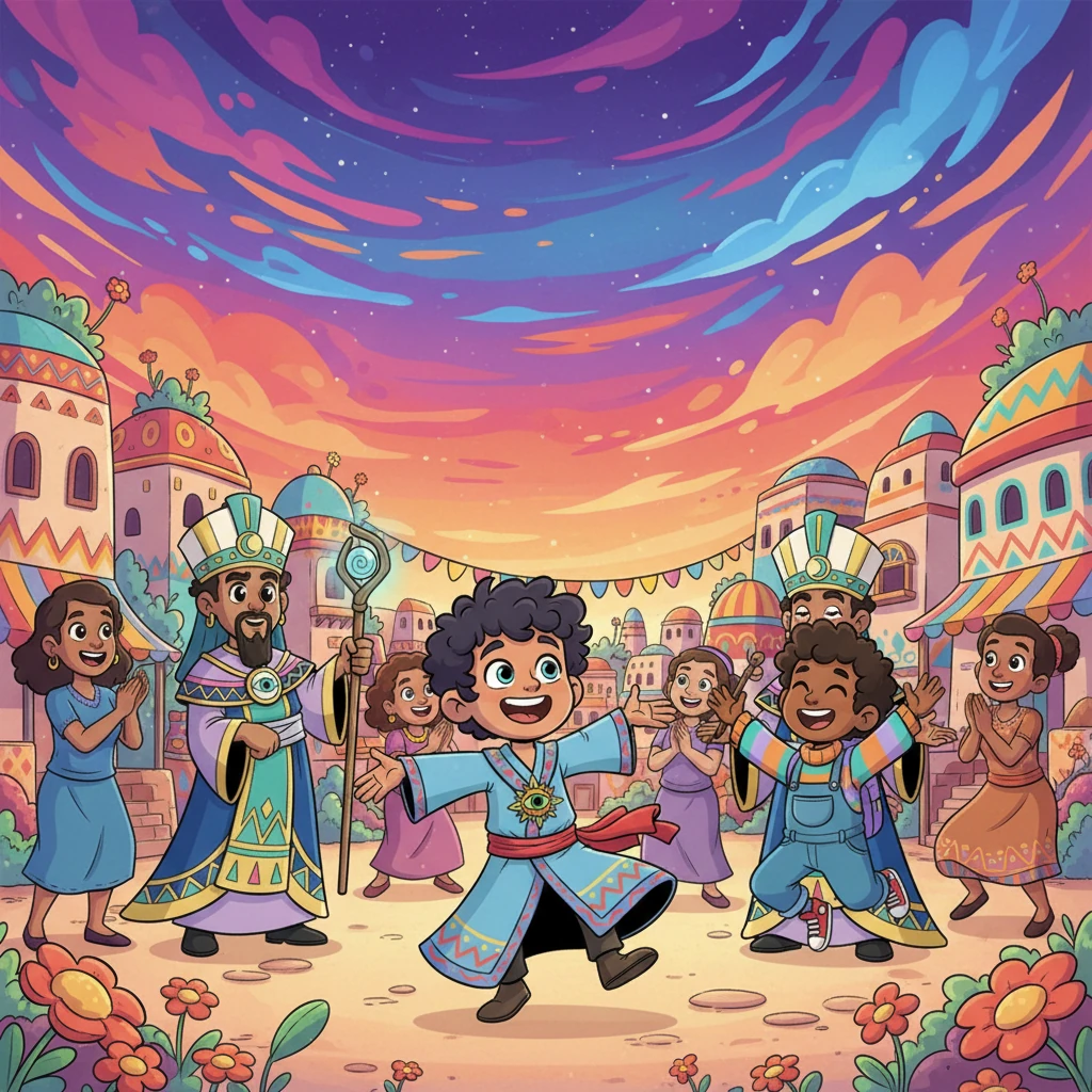 The entire village erupted in a joyful celebration, dancing and laughing under a sky painted with every imaginable color. Morris, surrounded by his happy community, felt his heart swell with pride. The village, now more vibrant than ever, sparkled with renewed life and shared happiness, all thanks to one brave boy.