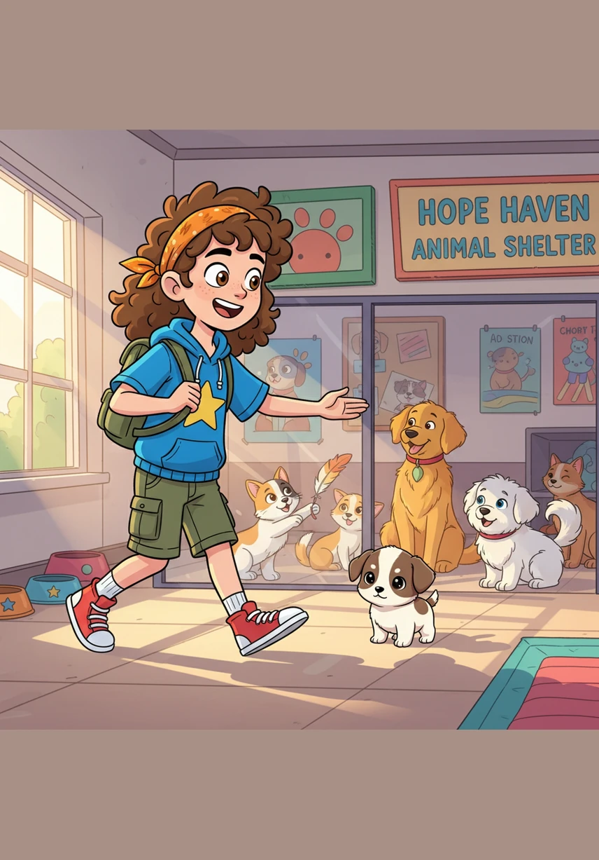 阳光明媚的周末，沐沐牵着爸爸妈妈的手，满怀期待地走进了一家流浪动物救助站。这里到处都是渴望新家的毛孩子，空气中弥漫着干草和木屑的清香。