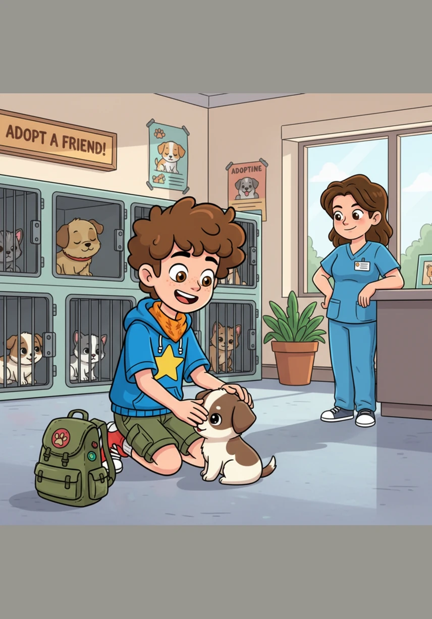 沐沐走过一排排整洁的犬舍，许多活泼的小狗在围栏边欢快地蹦跳，渴望引起路人的注意。然而，他的目光却停在了角落里一个安静的身影上，那是一只棕白相间的小狗。