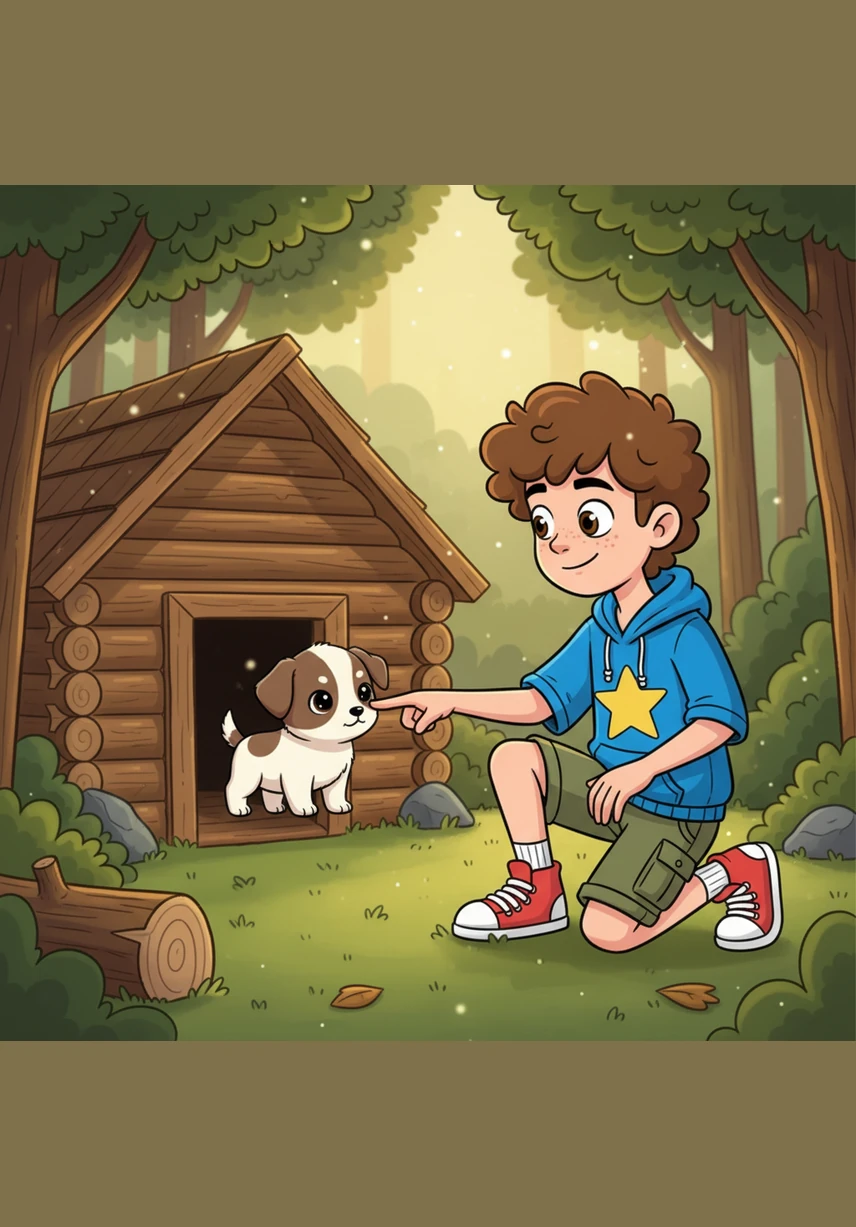 也许是感受到了沐沐的温柔，小狗犹豫了一下，终于慢慢挪出了木屋。它用湿润的小鼻子轻轻碰了碰沐沐的手指，尾巴开始微微地晃动起来，这是它迈出的勇敢一步。