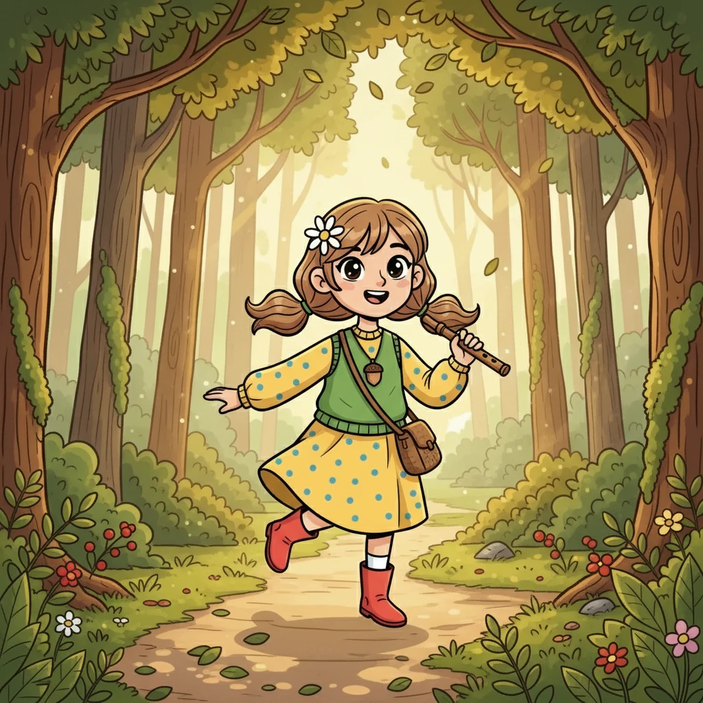One sunny morning, Elara decided to venture deeper into the woods than she ever had before. She packed a small bag with bread and berries, grabbed her worn wooden flute, and set off with a skip in her step. The sunlight dappled through the leaves, creating dancing patterns on the forest floor.