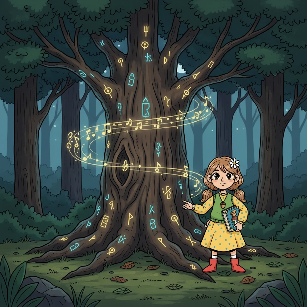 As Elara walked, she heard a faint, sorrowful melody. The song seemed to be coming from a tall, ancient oak tree. Intrigued, she approached the tree and noticed its bark was carved with tiny, intricate symbols that seemed to glow softly.