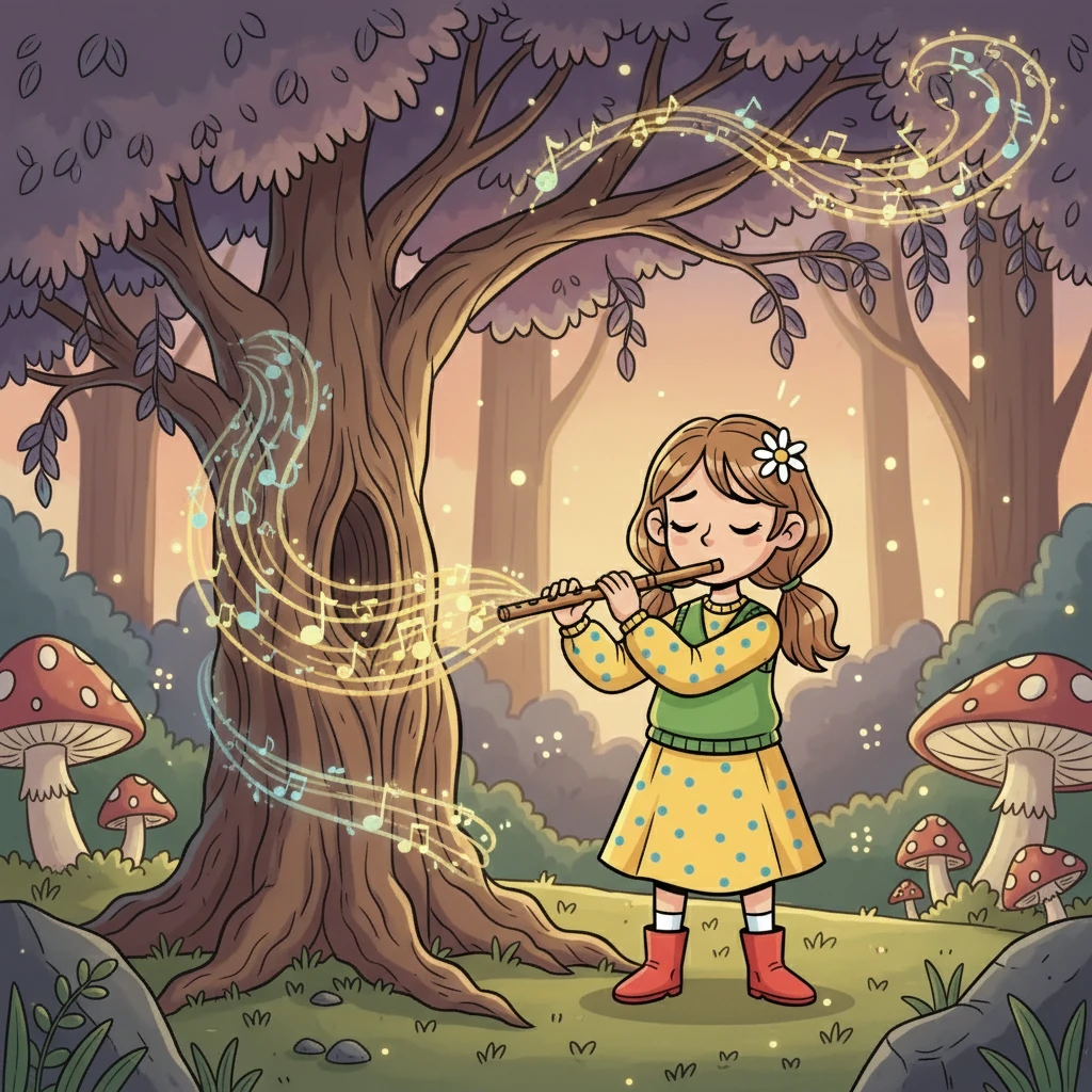 Elara placed her hand on the tree and closed her eyes. She felt a wave of sadness wash over her. Then, she raised her flute and began to play a happy tune, a song she often played to cheer up her friends. The sad melody changed, and she could feel the tree's sadness start to lift.