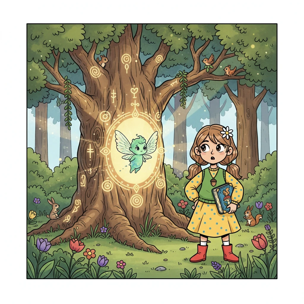 Suddenly, the symbols on the oak tree began to glow brighter, and a small, shimmering creature with iridescent wings emerged. It was a forest spirit, and it was the source of the sadness. It thanked Elara for her song, which soothed the ancient tree, and the forest grew lively.