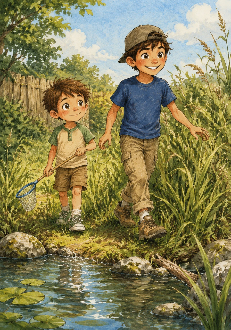 Marshall and his big brother Miles spent the sunny afternoon exploring the edge of the sparkling backyard pond. Marshall clutched his small net while Miles led the way through the tall, swaying grass.