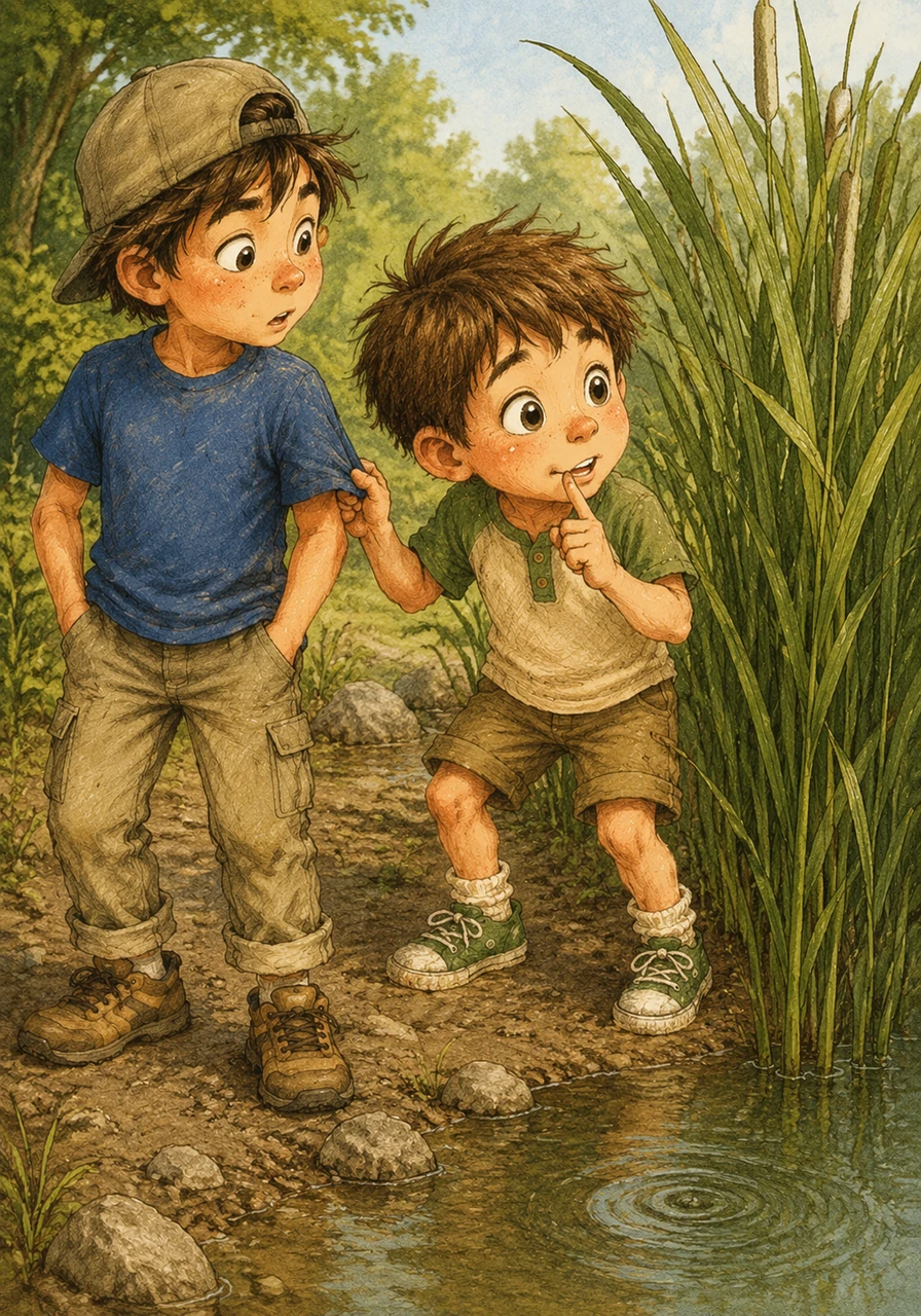 Suddenly, Marshall spotted a tiny ripple near the water's edge and tugged on Miles' sleeve. He whispered with wide, excited eyes that something was hiding deep within the green reeds.