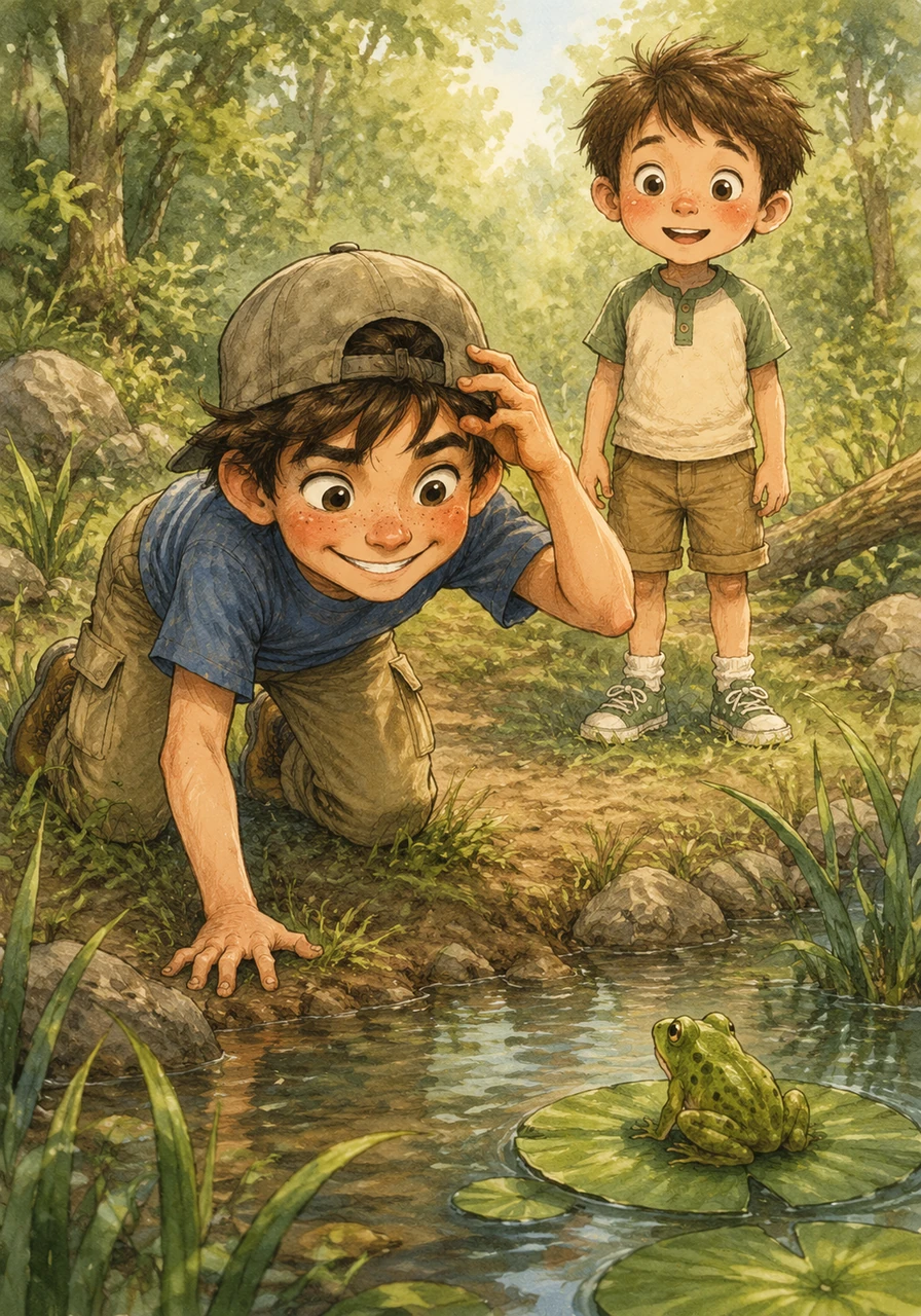 Miles adjusted his cap and gave a confident grin, eager to show his little brother how a real explorer catches a frog. He crept forward on his hands and knees, moving as quietly as a shadow.