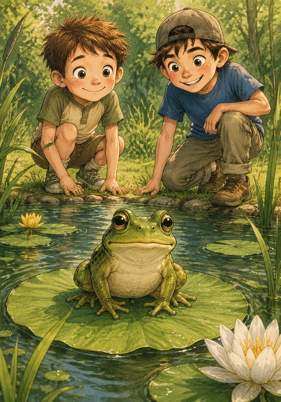 A magnificent green bullfrog sat perched on a large lily pad, its big eyes watching the boys curiously. It looked like a tiny king guarding his watery throne in the middle of the pond.