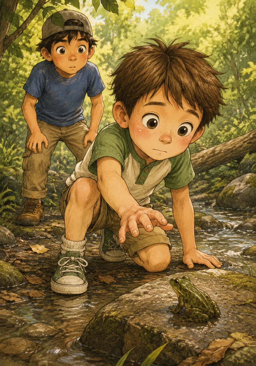 Miles held his breath and reached out slowly, his fingers twitching with anticipation. Marshall stayed perfectly still behind him, hardly daring to blink as the distance between the boy and the frog closed.