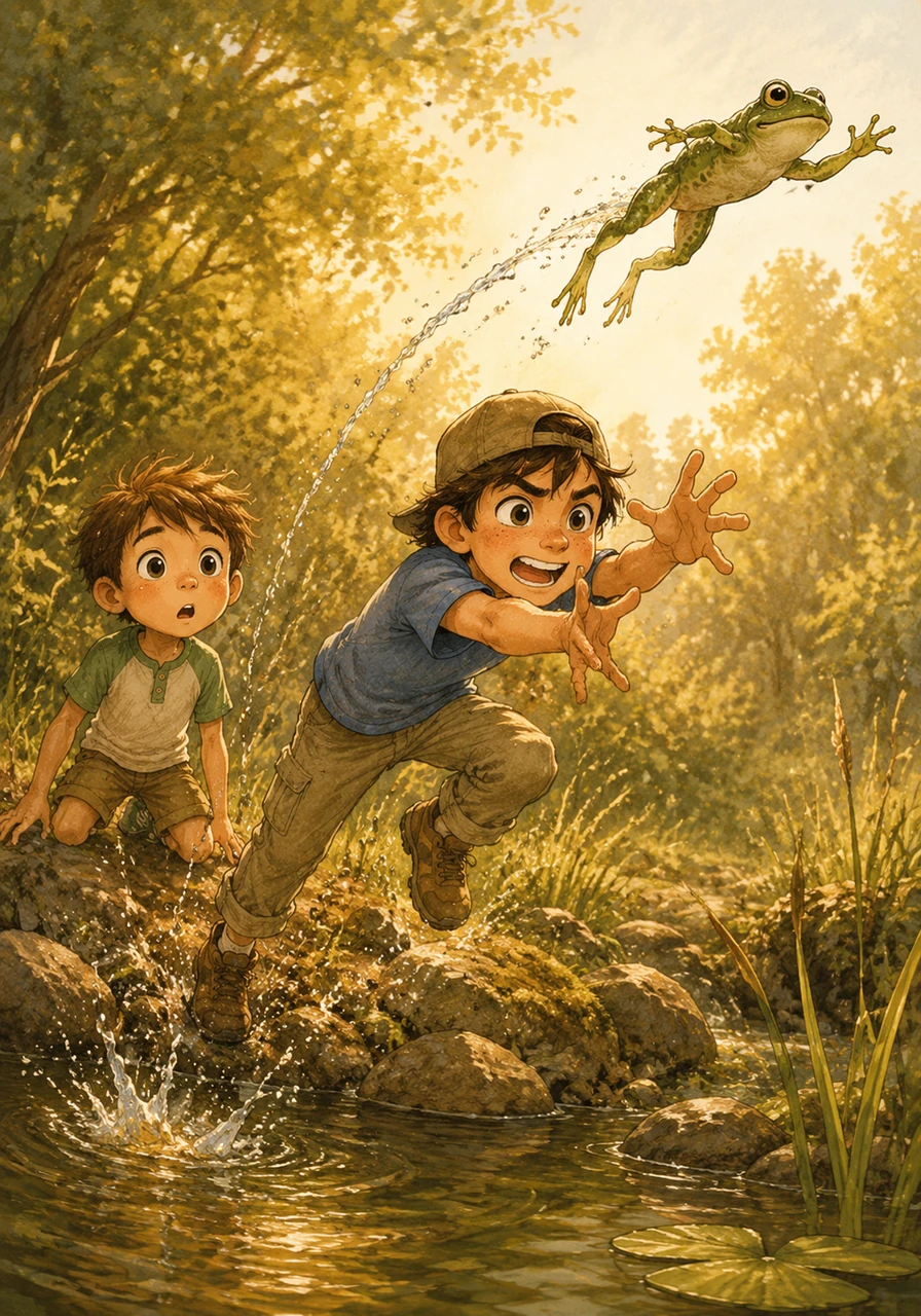 Just as Miles lunged forward to make the catch, the bullfrog launched itself into the air with a powerful spring. It soared through the golden sunlight like a tiny, green emerald projectile.