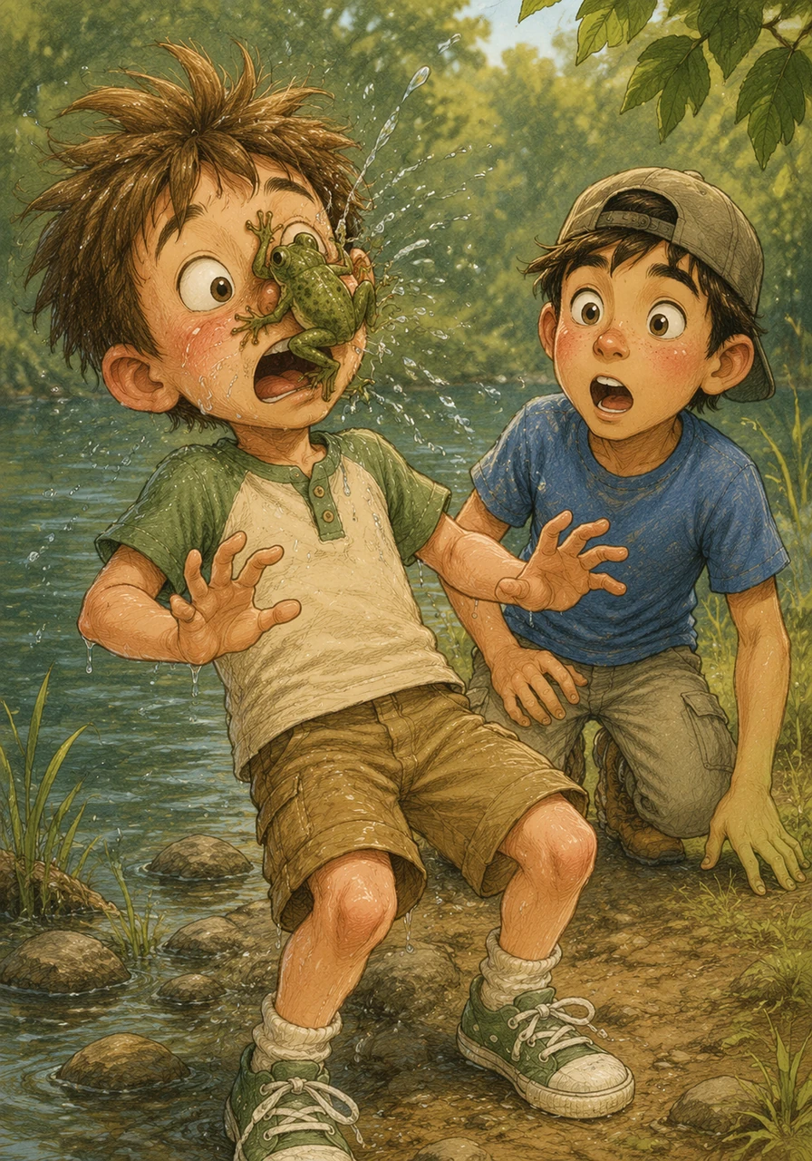 Instead of landing in the water, the frog landed with a wet splash right on Miles' surprised face. Miles' eyes went wide with shock as the cold, bumpy visitor clung to his nose for a split second.