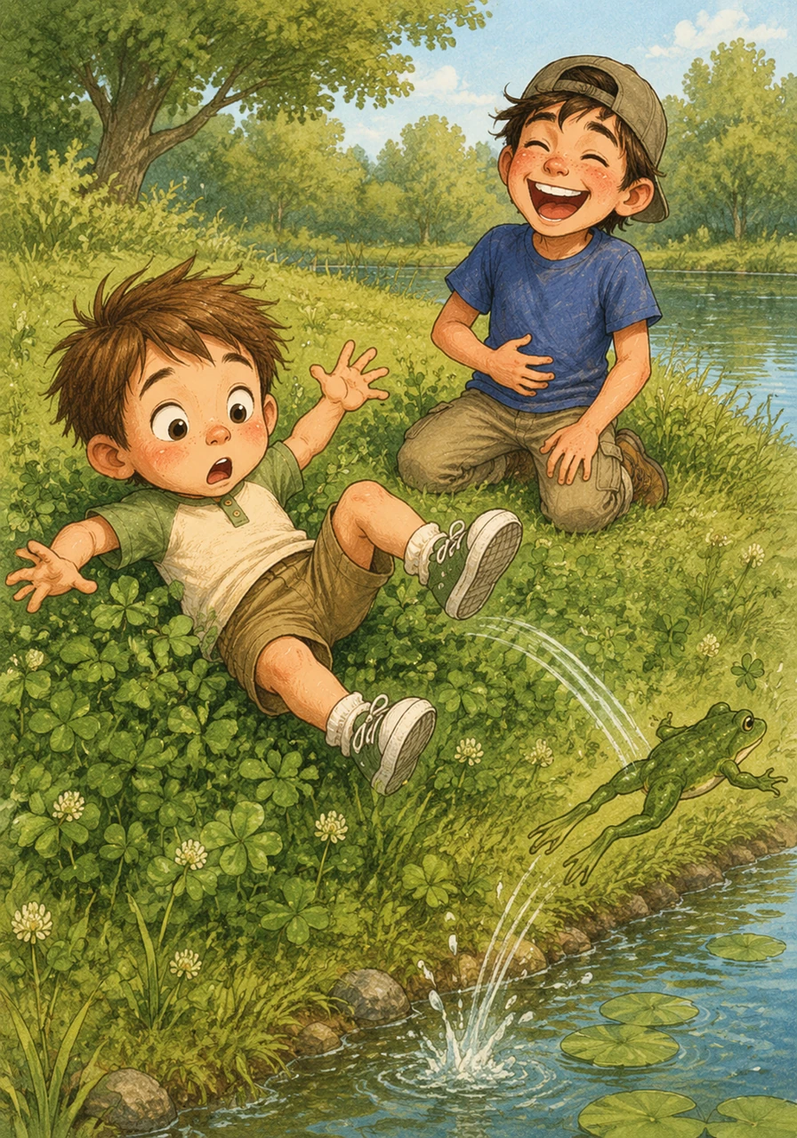 Startled, Miles tumbled backward into the soft clover, and the frog hopped away toward the safety of the pond. Marshall couldn't hold it in anymore and let out a loud, bubbly peal of laughter.
