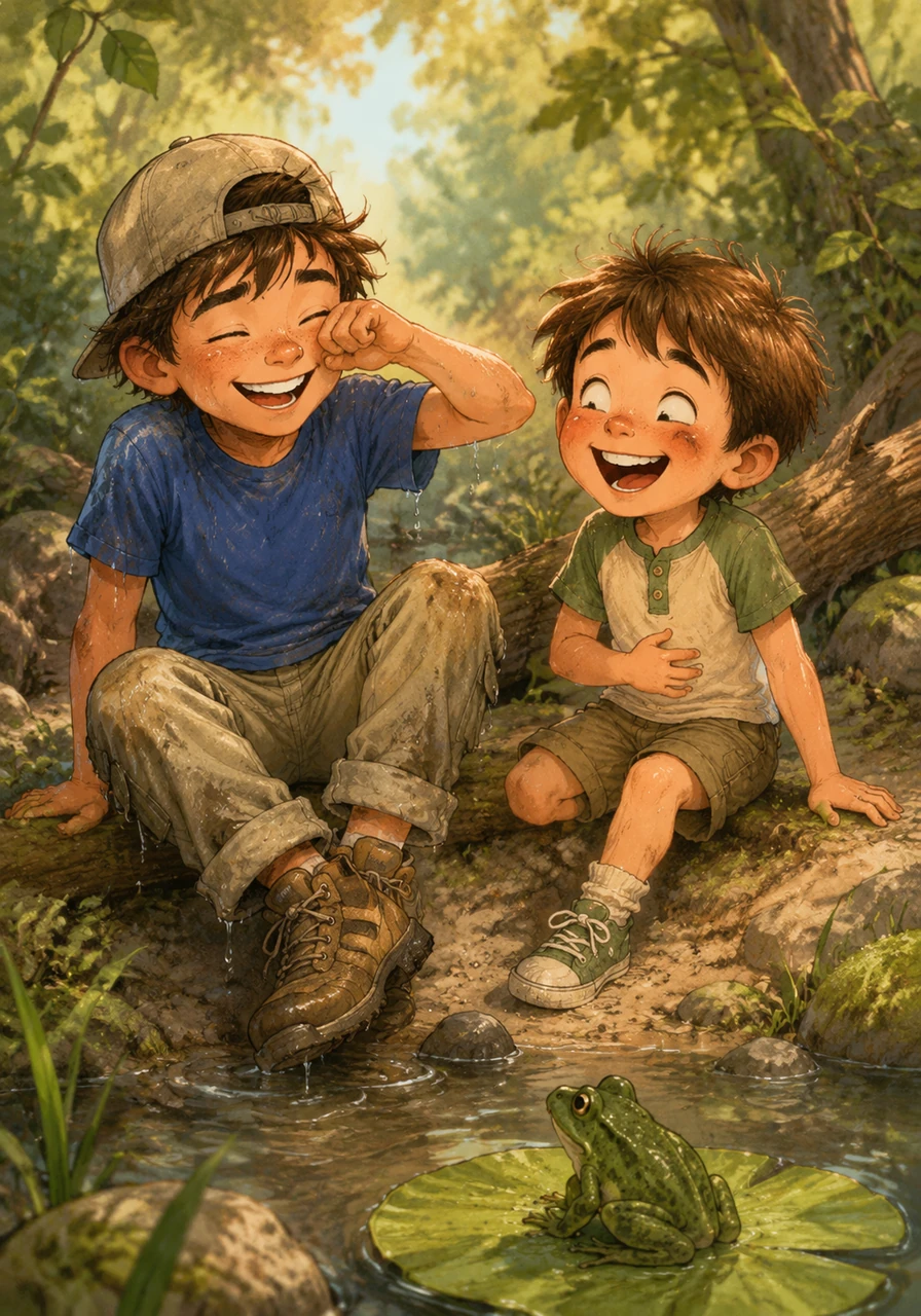 Miles sat up, wiped his face, and looked at his giggling brother before he started laughing too. The expert explorer had been outsmarted by a frog, and it was the funniest thing they had ever seen.