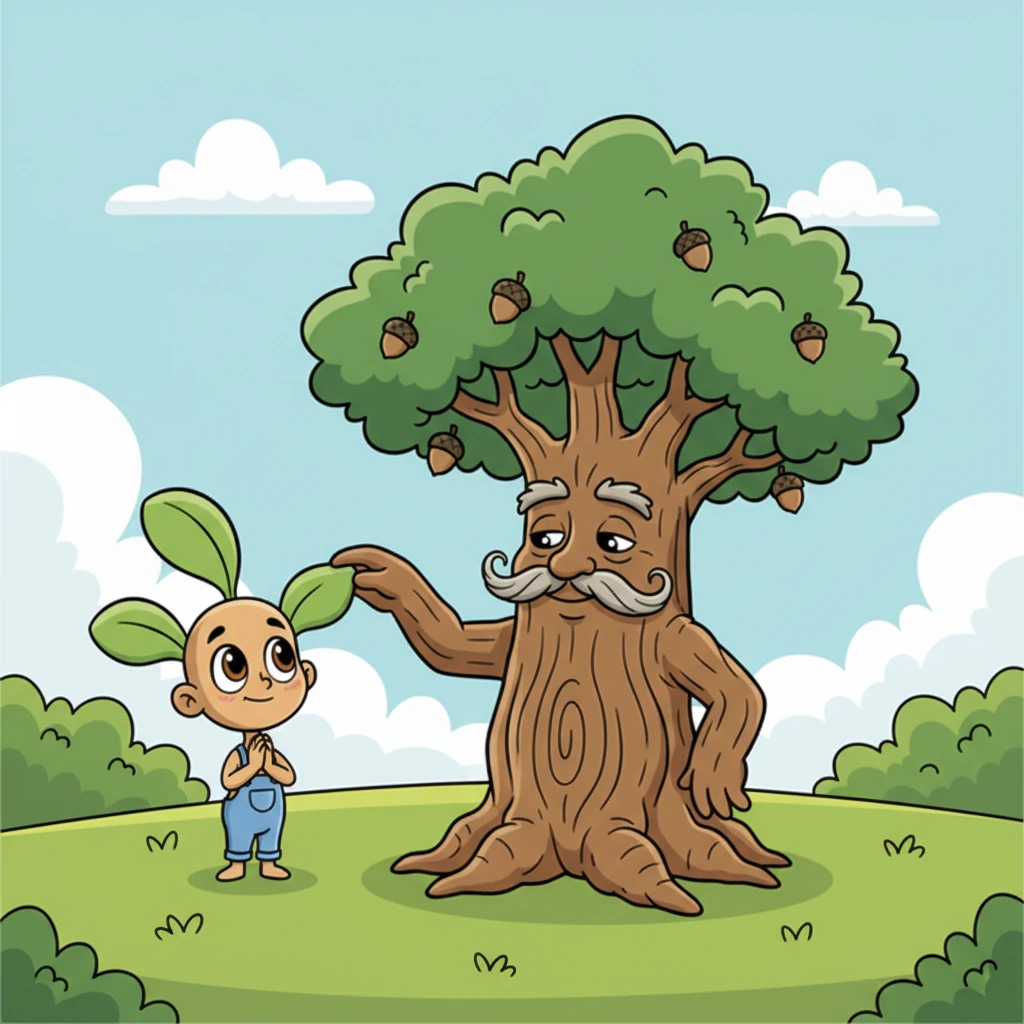 Nearby stood a magnificent, ancient Oak, its branches reaching wide like welcoming arms. Pip gazed up at the Old Oak's sturdy trunk and lush canopy, dreaming of the day he would be just as grand and towering.