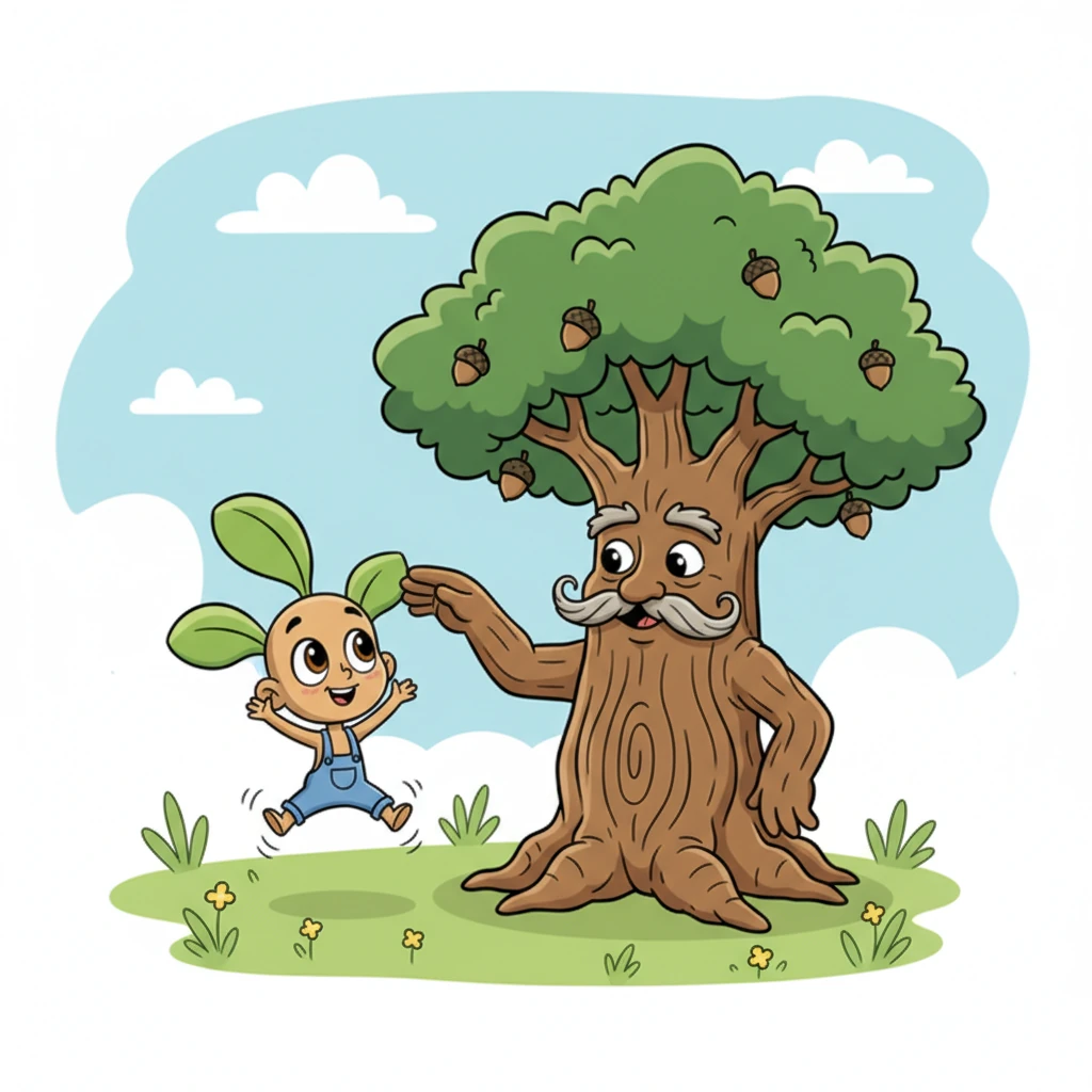 "Oh, Wise Old Oak," Pip chirped, his voice a tiny rustle, "How can I grow big and strong like you? Tell me the secret to growing quickly!" He bounced on his roots, full of youthful energy and impatience.