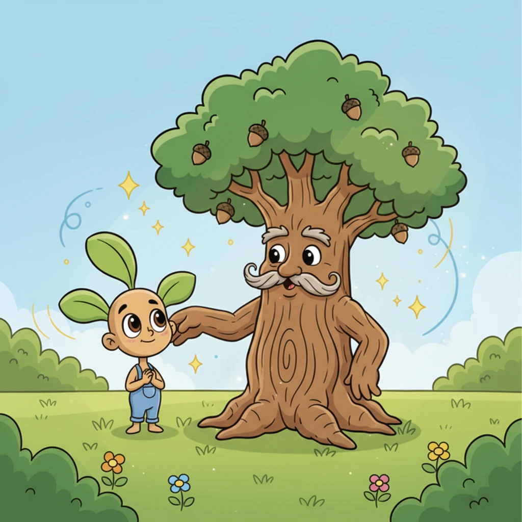 The Wise Old Oak chuckled softly, a gentle rustling sound that swayed its leaves. "My dear Pip," it rumbled kindly, "there is beauty in growing slowly. Each sunbeam, each raindrop, each gentle breeze helps you grow, bit by bit."