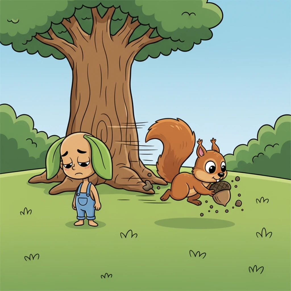 Pip drooped his leaves a little, feeling a tiny pang of disappointment. He wanted to be tall now, not later! Just then, a fluffy-tailed squirrel zipped past, burying a nut with a comical flick of its tail, too busy to notice Pip's worries.