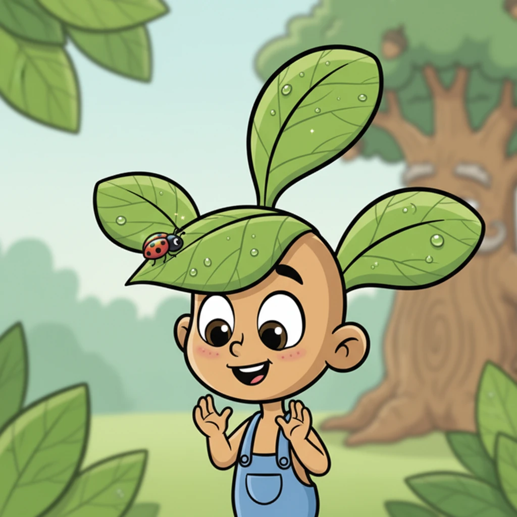 A tiny, iridescent ladybug with shiny red wings landed delicately on one of Pip's leaves. It crawled slowly, showing Pip the intricate patterns of the leaf's veins and the sparkling dewdrops that clung to its surface, wonders he might have missed if he were rushing.