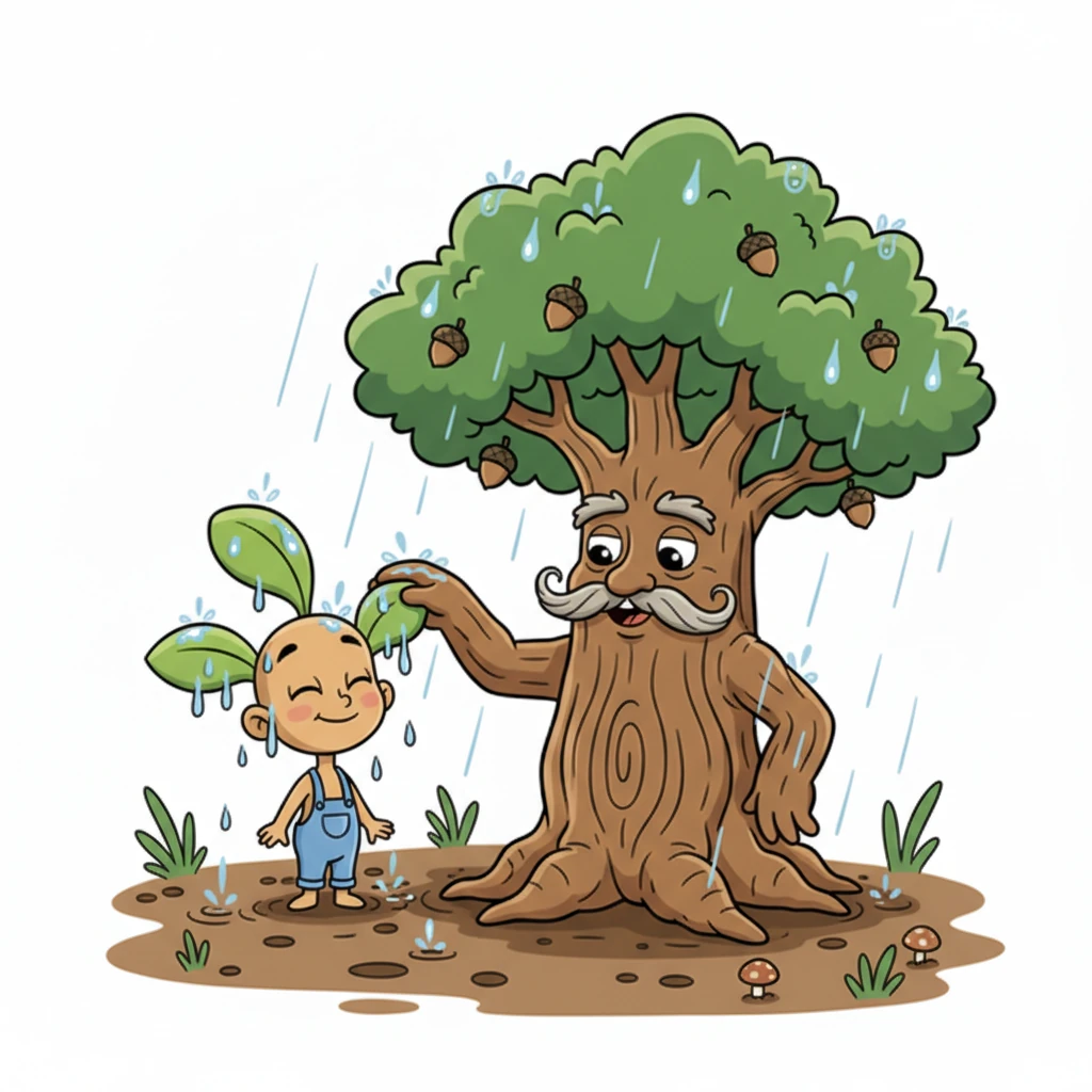 A soft, warm rain began to fall, pattering gently on Pip's leaves and soaking into the earth around his roots. He felt the cool, refreshing water being absorbed, nourishing him deeply, and realized each drop was a tiny gift helping him grow.