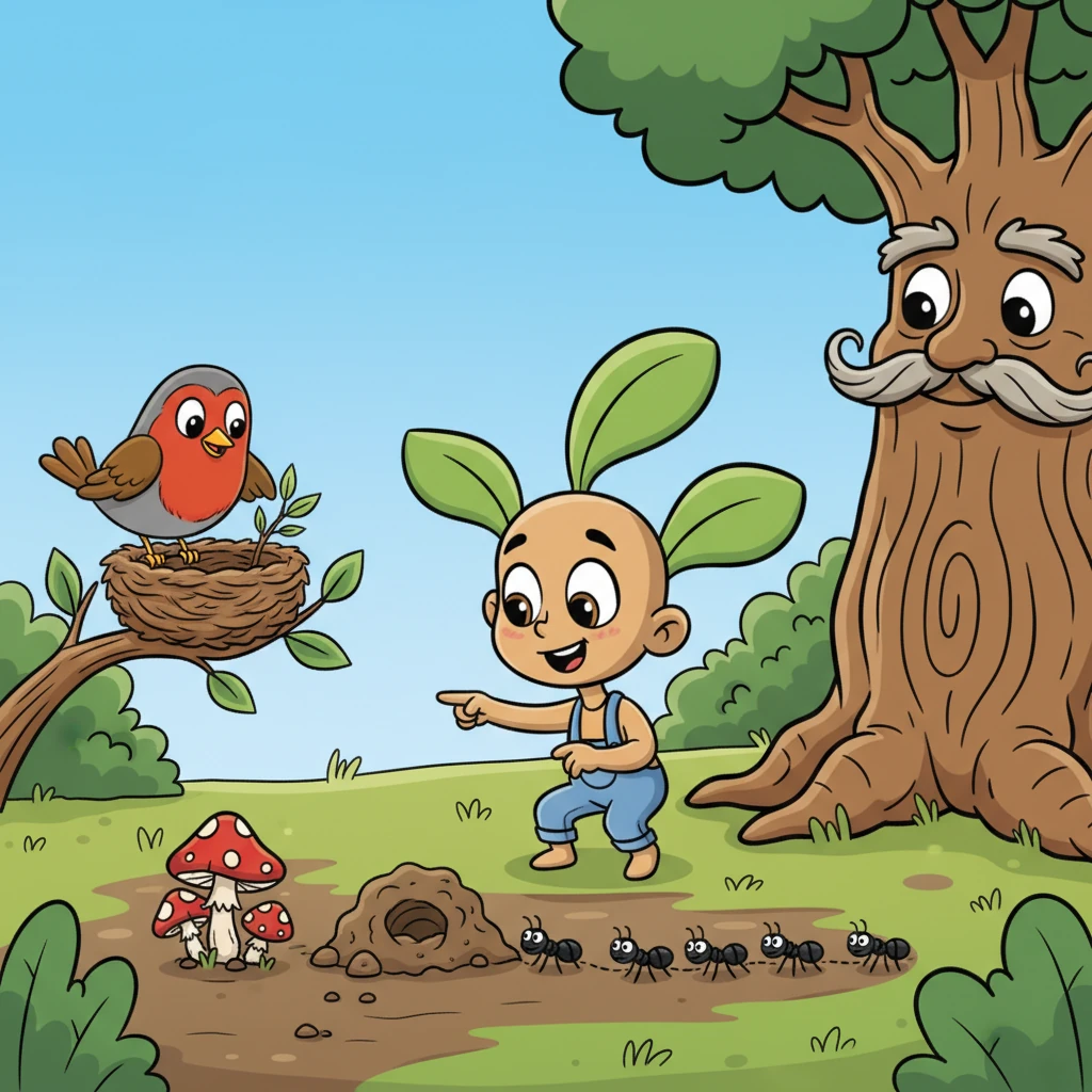 Days turned into weeks, and Pip grew a little taller, his trunk a bit sturdier. He started noticing the small wonders around him: a tiny mushroom popping up after the rain, a busy ant colony, and a cheerful robin building a nest in a nearby bush.