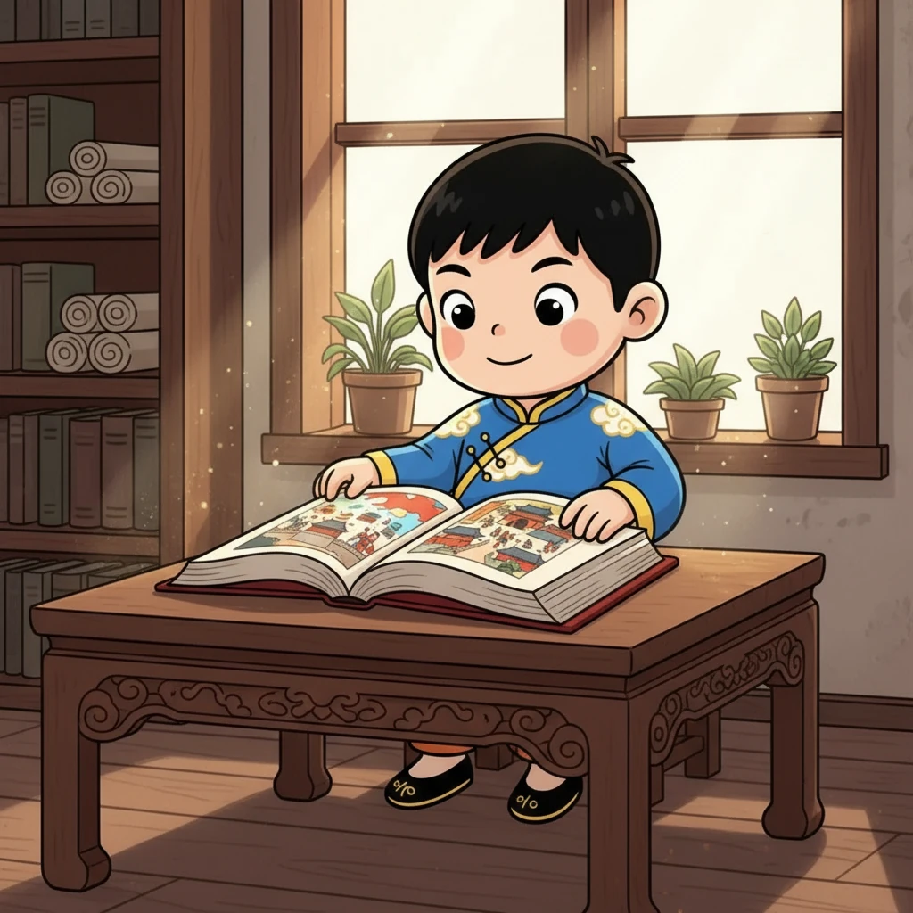 小明坐在圖書館靠窗的位置，陽光灑在他的臉上。他專注地翻閱著一本古老的連環畫，書頁上畫著色彩鮮豔的插圖，吸引了他的目光。故事的開端，是戰國時期秦國的都城，充滿了歷史的氣息。