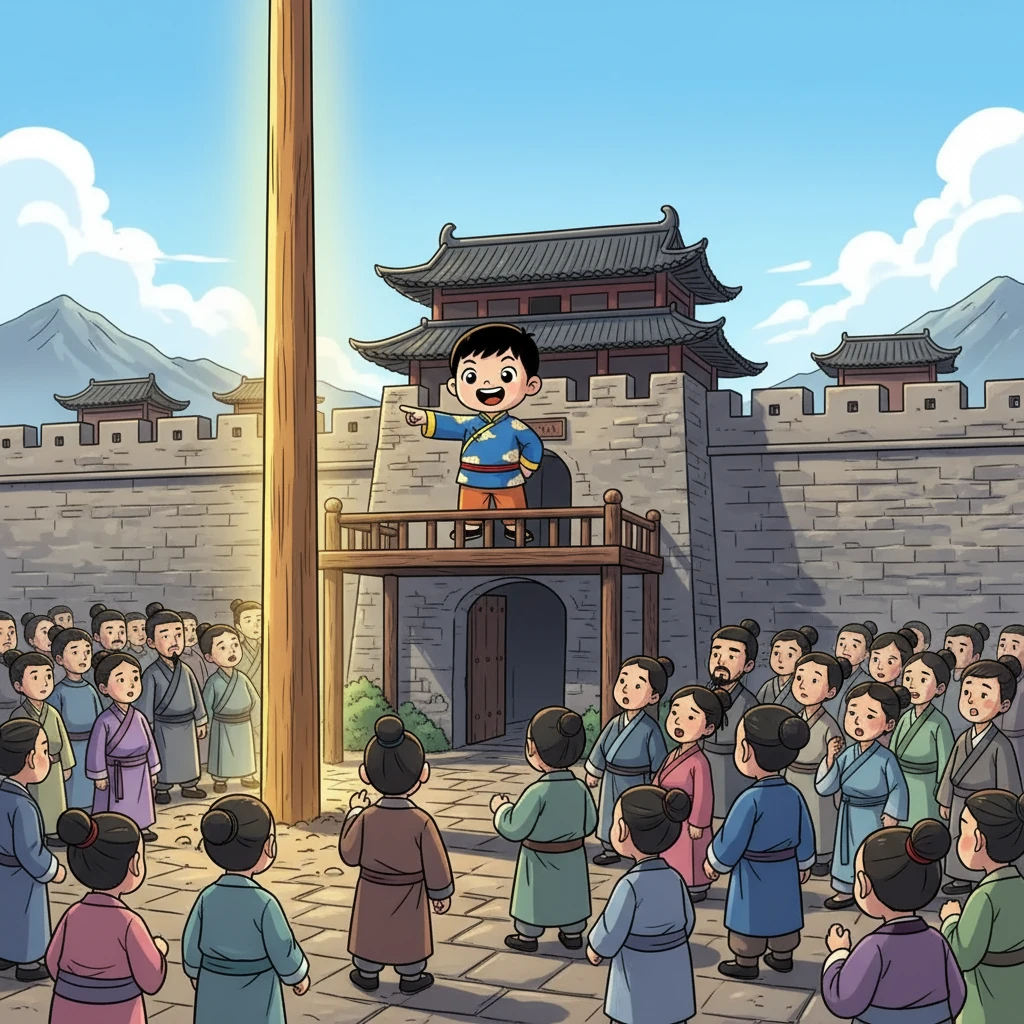 畫面描繪了秦國都城南門，商鞅站在高處，指著一根豎立的三丈長木頭。周圍聚集了許多百姓，他們好奇地觀望著，竊竊私語，不敢上前。陽光下，木頭閃耀著金色的光芒。