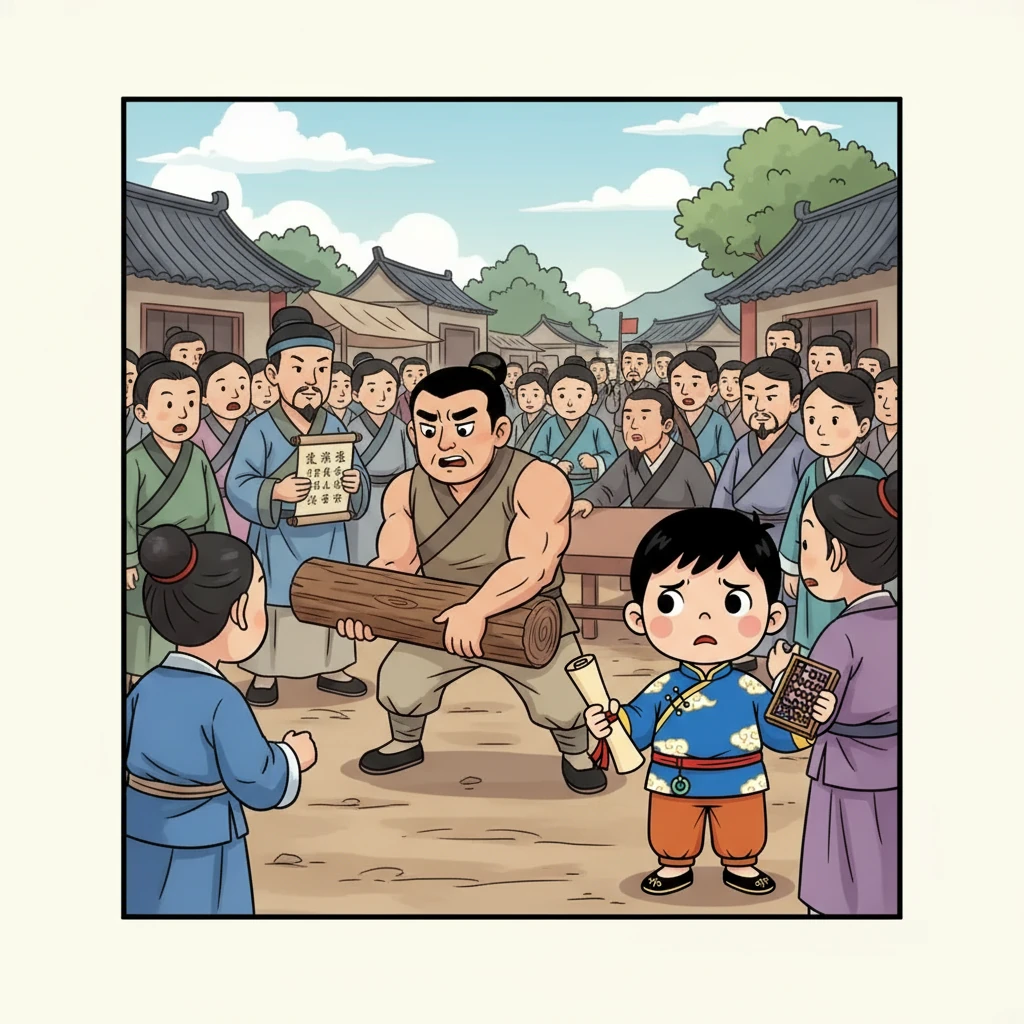 商鞅提高了賞金，人群中，一位壯漢鼓起勇氣，嘗試搬動木頭。他的臉上充滿了猶豫和期待，周圍的人們都注視著他的一舉一動。小明的心也跟著緊張起來。