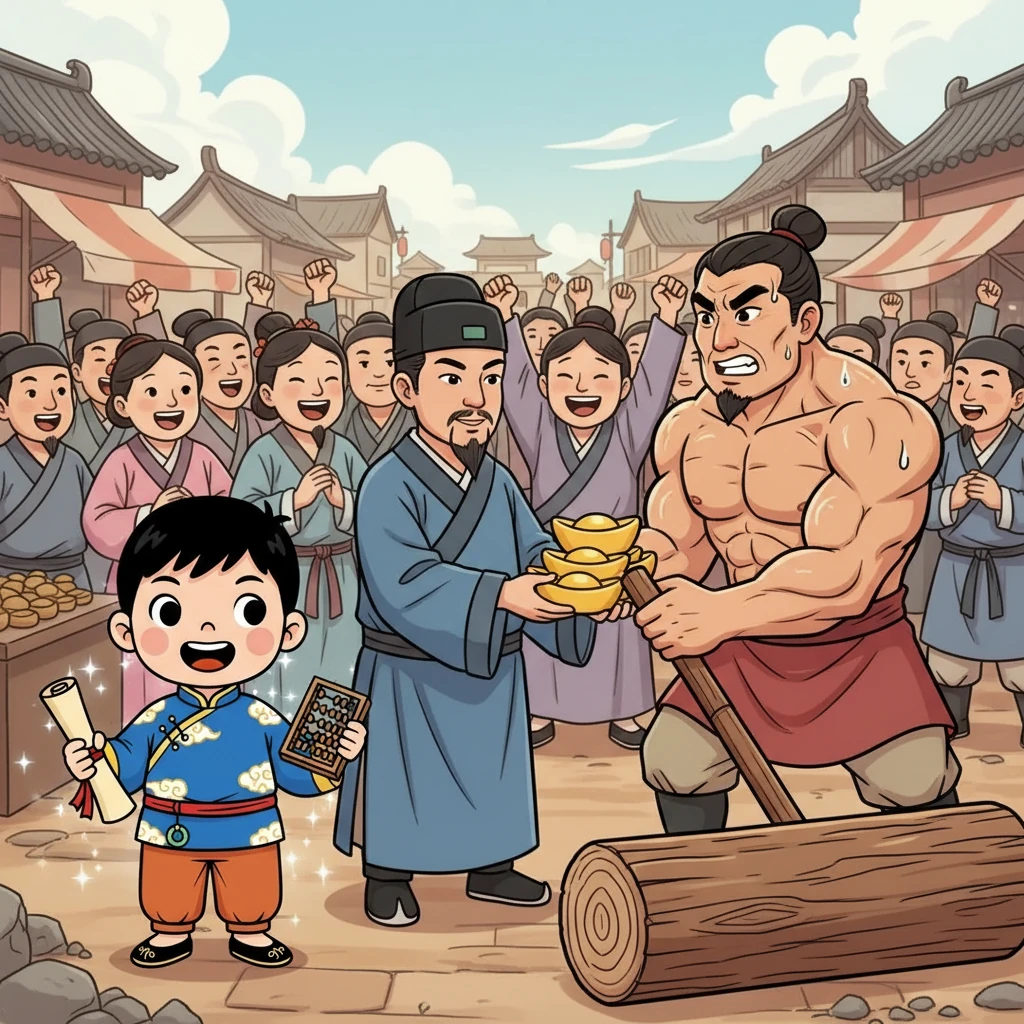壯漢成功地搬動了木頭，商鞅立刻兌現了承諾，將金子交給了他。小明仿佛聽到了人群的歡呼聲，感受到了信任的力量。他深深地被這個故事震撼了。