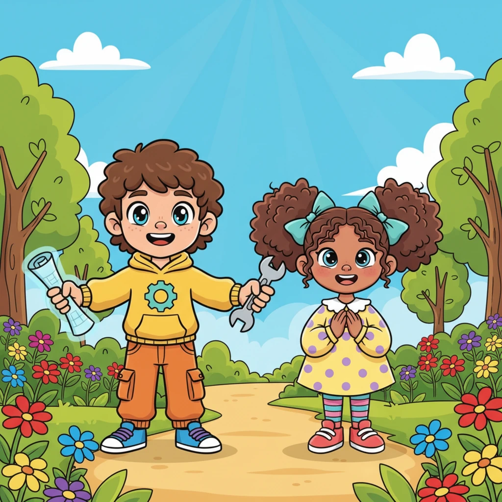 The sun shines brightly in a big blue sky, beaming down on a lush green park. Sam, a cheerful boy with a wide grin, and Mia, a giggling girl with bouncy pigtails, stand at the park entrance, their eyes sparkling with excitement. Colorful flowers bloom around them, and a gentle breeze rustles the leaves on tall trees.