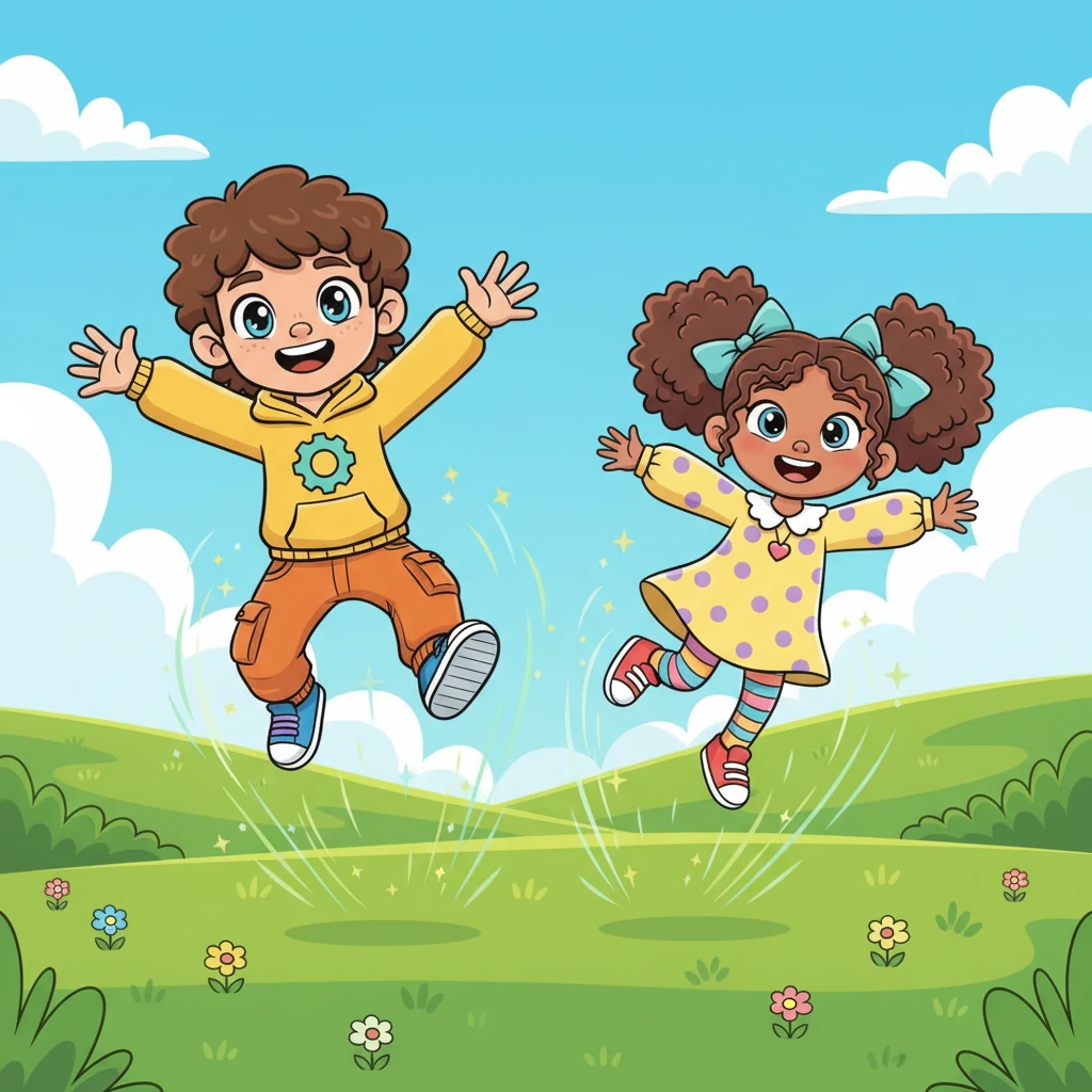 Sam and Mia burst into laughter as they race across the expansive green grass. Sam's legs are a blur as he runs, while Mia hops on one foot, then skips with lighthearted joy. They leap high into the air, their arms outstretched like playful birds, leaving a trail of happy energy behind them.