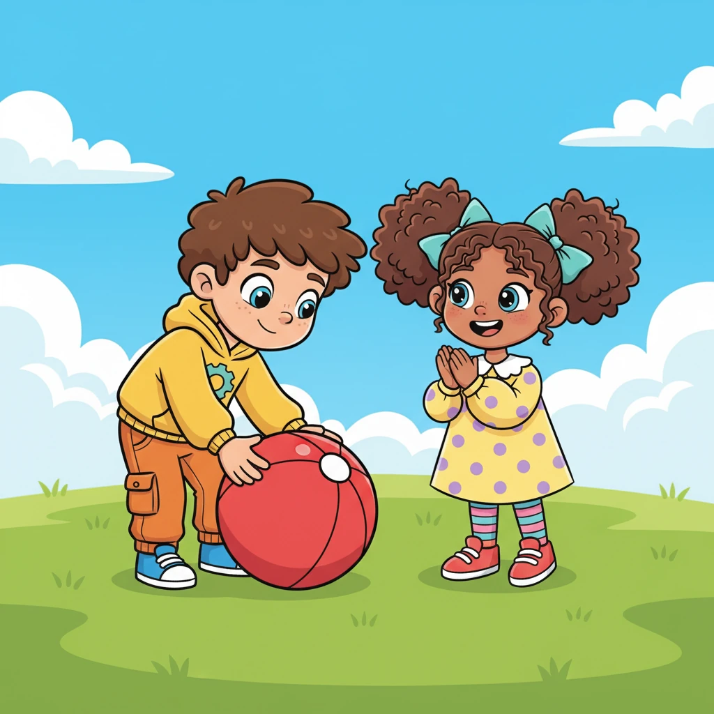 Suddenly, their eyes catch sight of a large, vibrant red ball resting on the soft grass. Sam, with a curious tilt of his head, bends down to pick it up, his fingers wrapping around its smooth surface. Mia claps her hands in delight, her expressive face lighting up with an idea for a new game.
