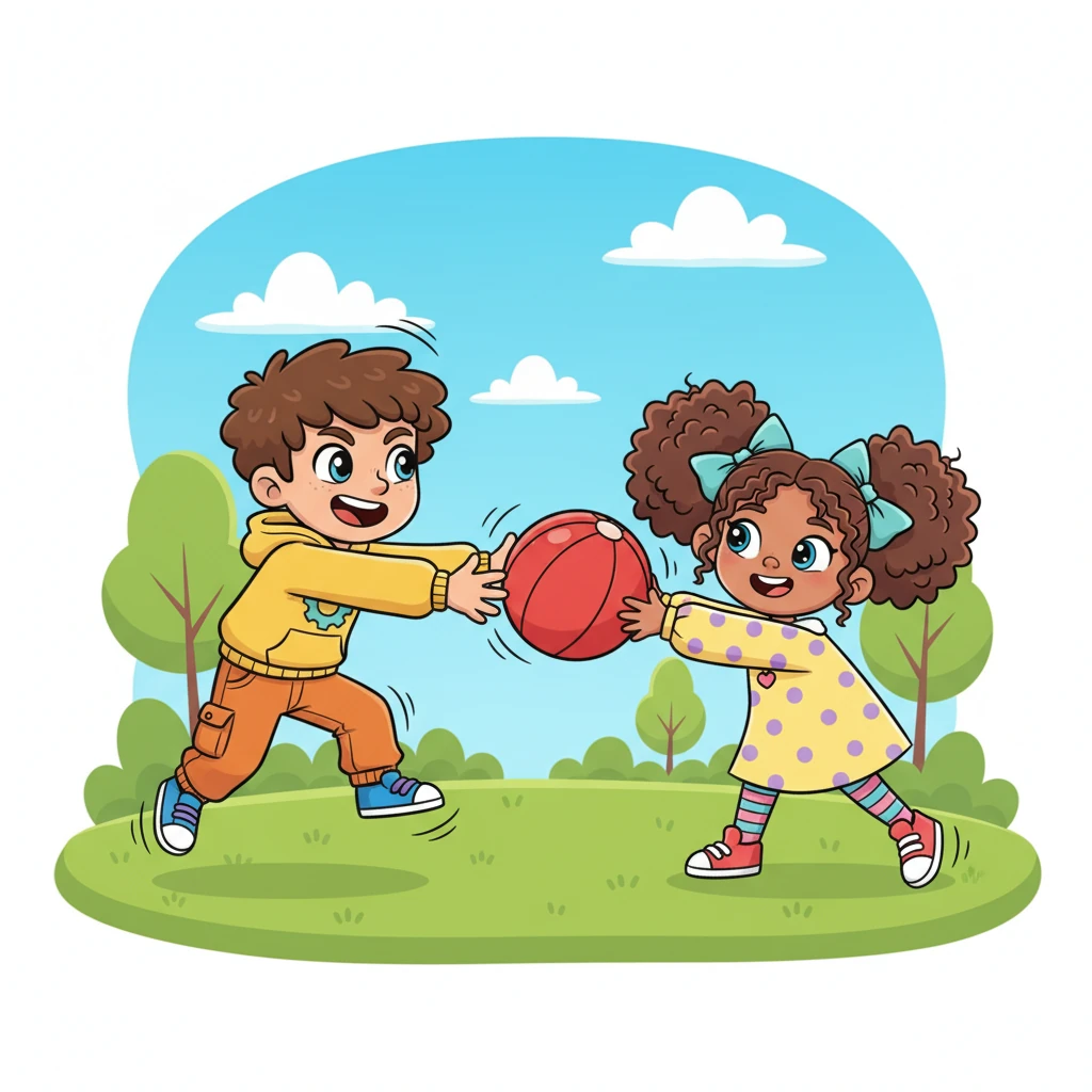 Sam winds up and throws the big red ball with a mighty swing, sending it soaring through the air. Mia, with incredible agility and a triumphant smile, stretches out her arms and perfectly catches the ball. Their teamwork and coordination are a joy to behold, making their game even more fun.