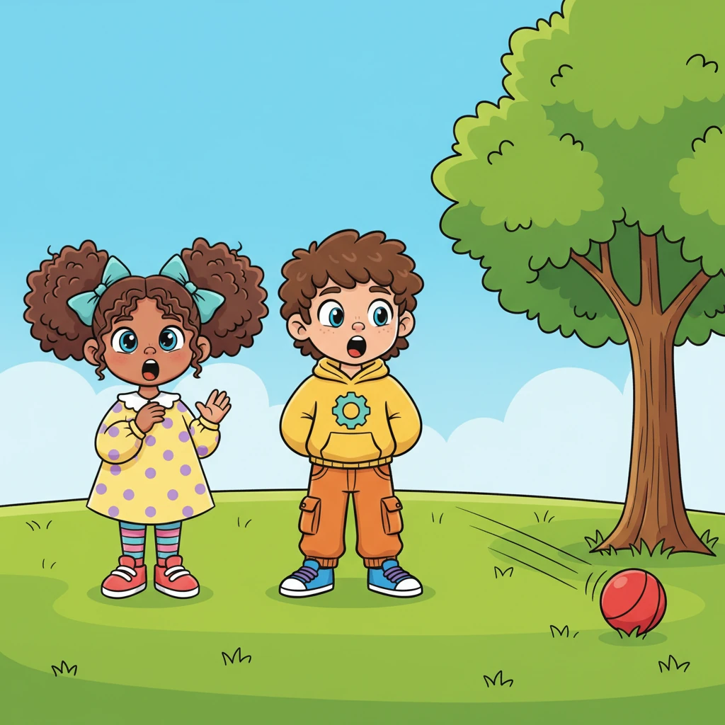“Oh no!” Mia exclaims, her eyes wide with surprise as the red ball slips from her grasp. It bounces once, then begins to roll swiftly across the grass, picking up speed. The mischievous ball zips past the sturdy trunk of a tall, leafy tree, disappearing briefly from their view.