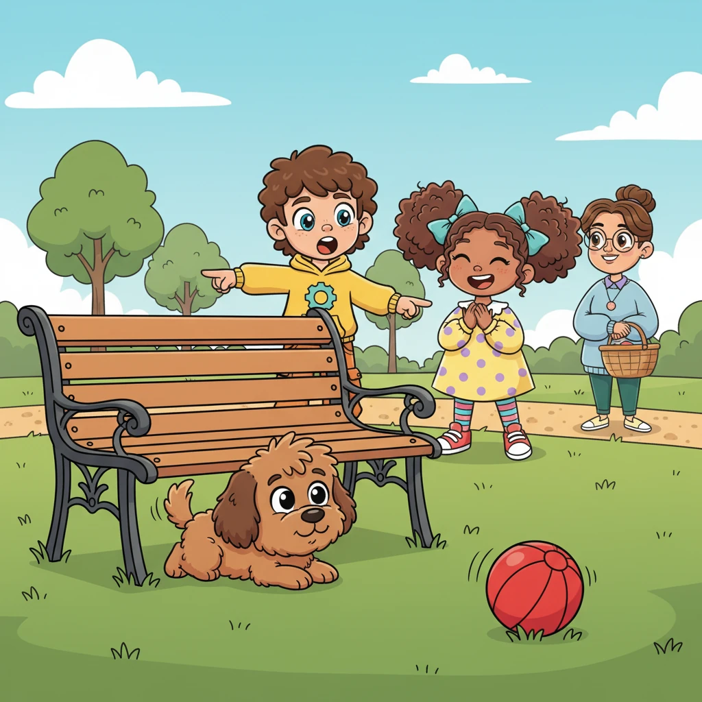 The runaway ball finally comes to a gentle stop right beside a cozy park bench. A small, fluffy brown dog, with floppy ears and an inquisitive nose, is resting near the bench. Its tail begins to wag slowly, its attention now drawn to the bright red orb.