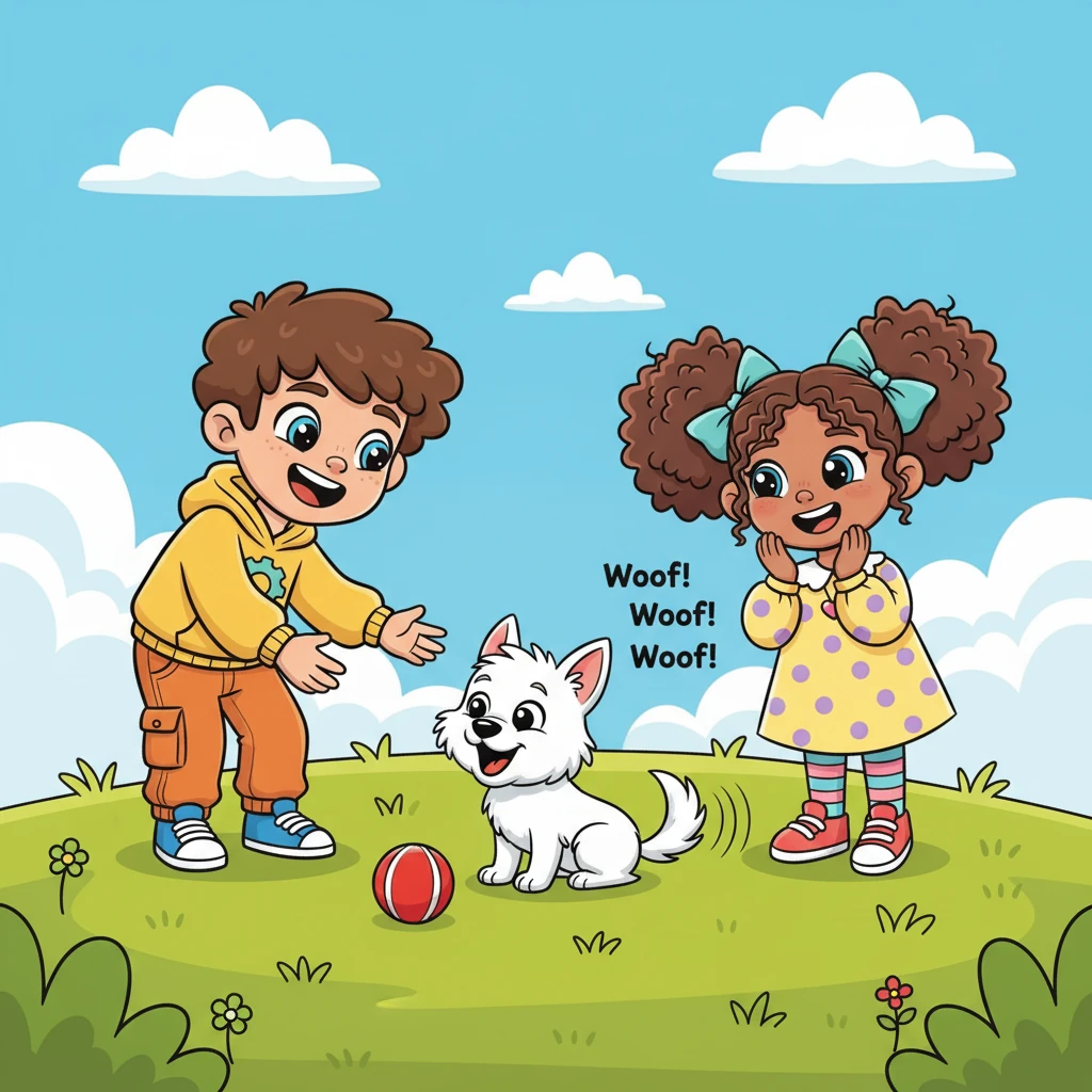 The little dog’s tail wags faster, thumping against the ground as it lets out happy “Woof! Woof!” barks. Its eyes sparkle as it looks from the ball to Sam and Mia, inviting them to play. Sam and Mia giggle, charmed by the friendly canine's joyful greeting.
