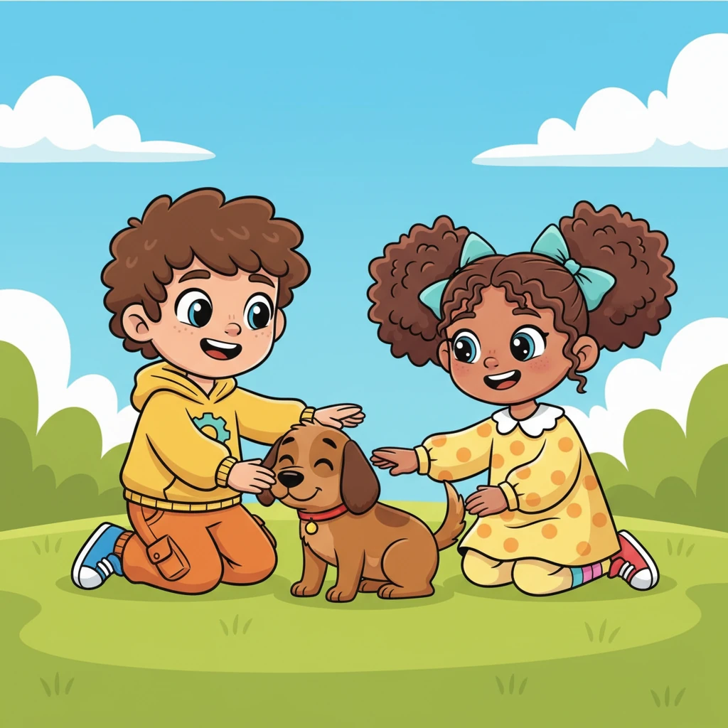 With big smiles, Sam and Mia gently approach the wagging dog. They kneel down on the grass and carefully pat its soft, brown fur, feeling its warmth and friendliness. The dog leans into their touch, clearly enjoying the new attention from its two new friends.