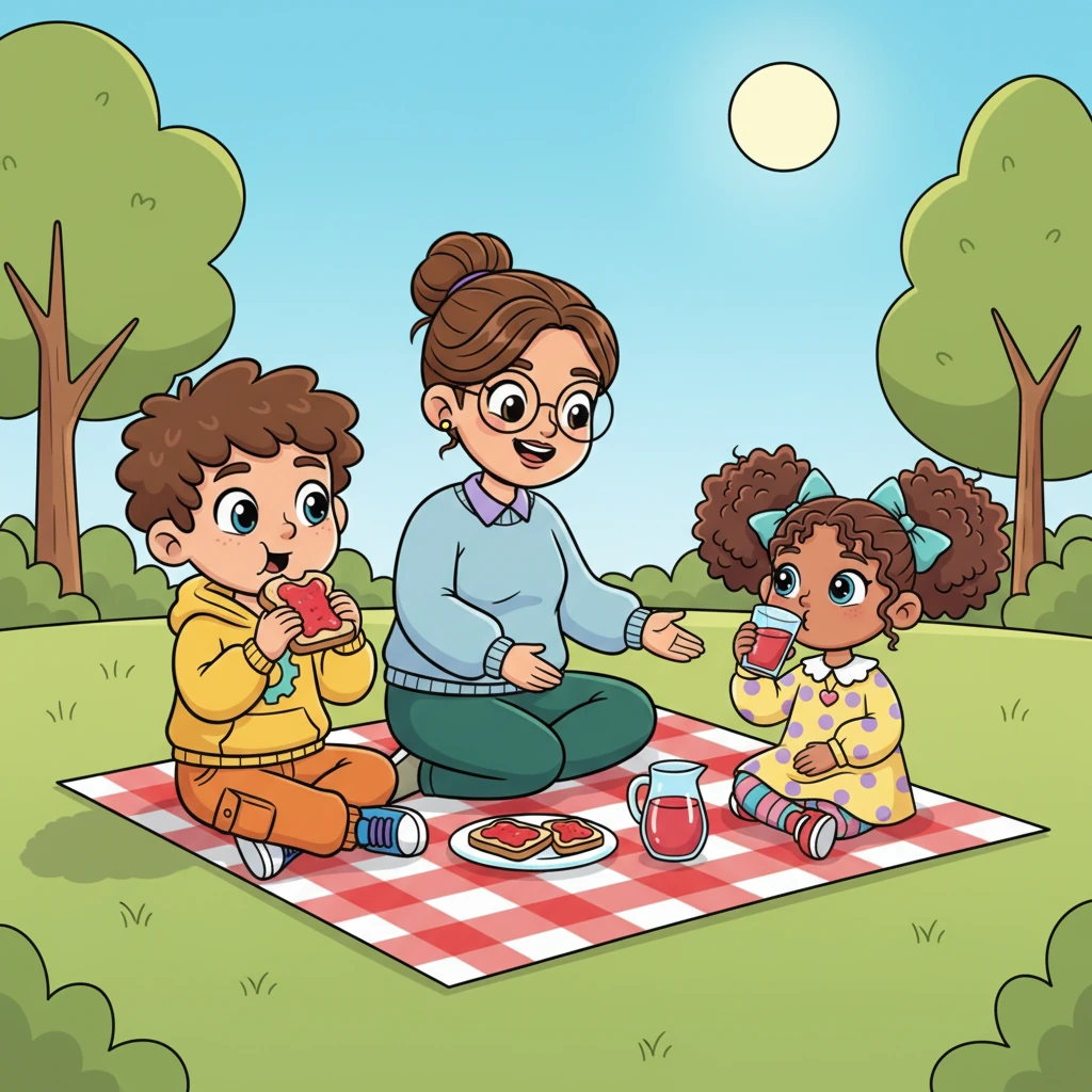 “Time to eat,” calls Mum, her voice warm and inviting from a nearby picnic blanket. Sam and Mia happily join her, sitting on the checkered mat. They munch on delicious jam on toast and sip sweet red juice, enjoying their yummy lunch in the sunshine.