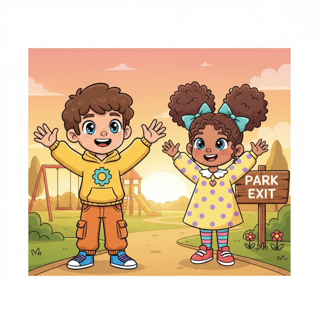 As the sun begins its gentle descent, painting the sky with soft orange and pink hues, Sam and Mia stand at the park exit, waving goodbye. “See you soon, park!” they chime together, their voices full of contentment. It was truly a day to remember, filled with laughter, play, and new friends.