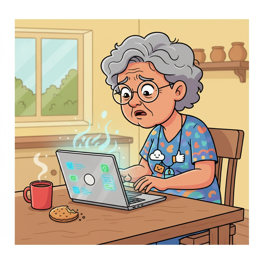Mrs. Thompson sits at her kitchen table, a laptop open before her. Her brow is furrowed, and a sigh escapes her lips as she squints at the screen, her fingers hovering uncertainly over the keyboard. The small text and complex menus of the hospital's health portal make her feel overwhelmed and frustrated. She wonders aloud, "Why is everything so small and hard to navigate?"