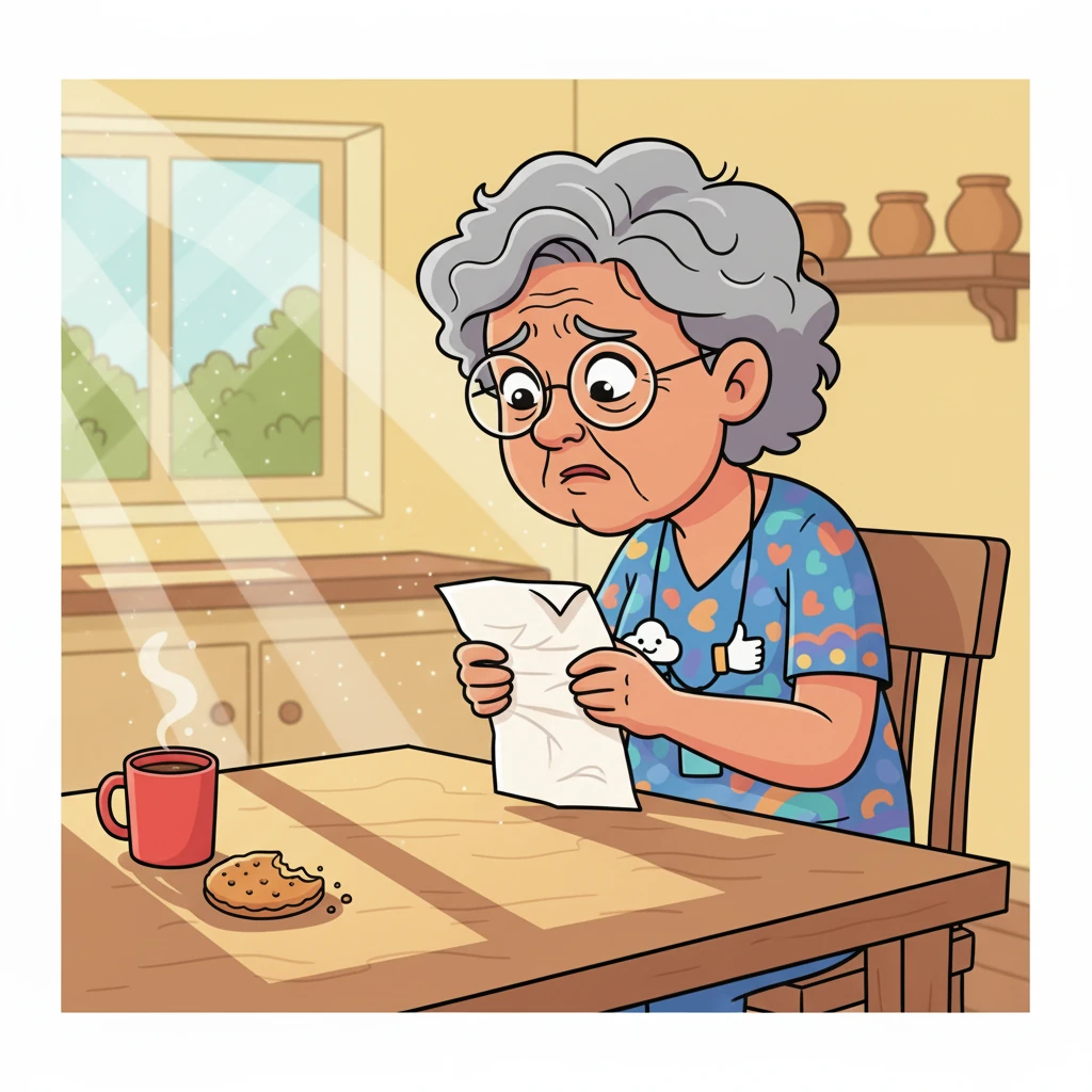 Later that week, Mrs. Thompson holds a crumpled doctor's note, looking distressed. She missed an important appointment reminder because she couldn't find it on the confusing online portal. This oversight causes her anxiety and a feeling of being left out of her own healthcare management.