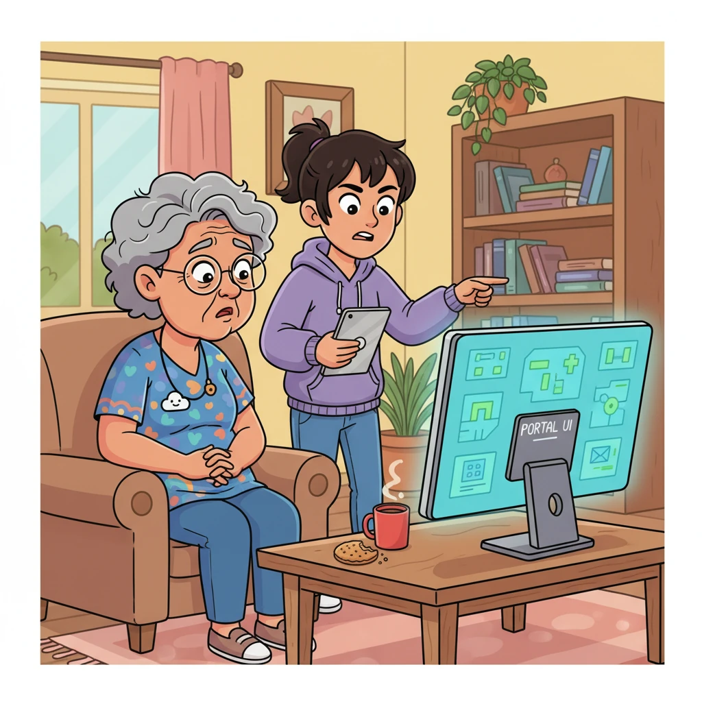 Her granddaughter, Lily, a bright and tech-savvy teenager, visits and notices Mrs. Thompson's struggle. Lily patiently tries to help, but even she finds the portal's design clunky and unintuitive, despite her digital fluency. They share a moment of shared frustration, highlighting the universal nature of the usability problem.
