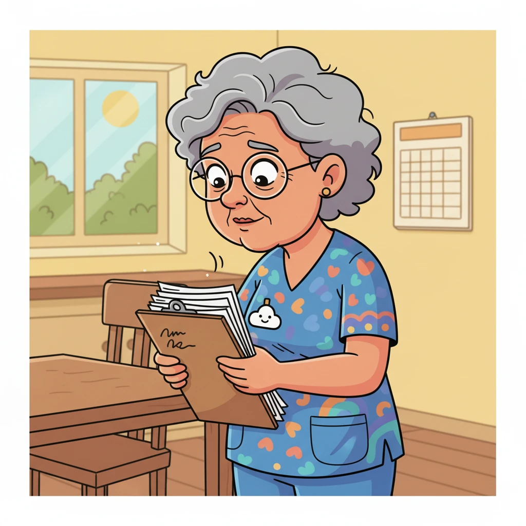Determined not to let technology defeat her, Mrs. Thompson decides to take action. She gathers her notes, listing all the difficulties she's encountered, from tiny fonts to confusing links. With a renewed sense of purpose, she prepares to voice her concerns to the hospital.