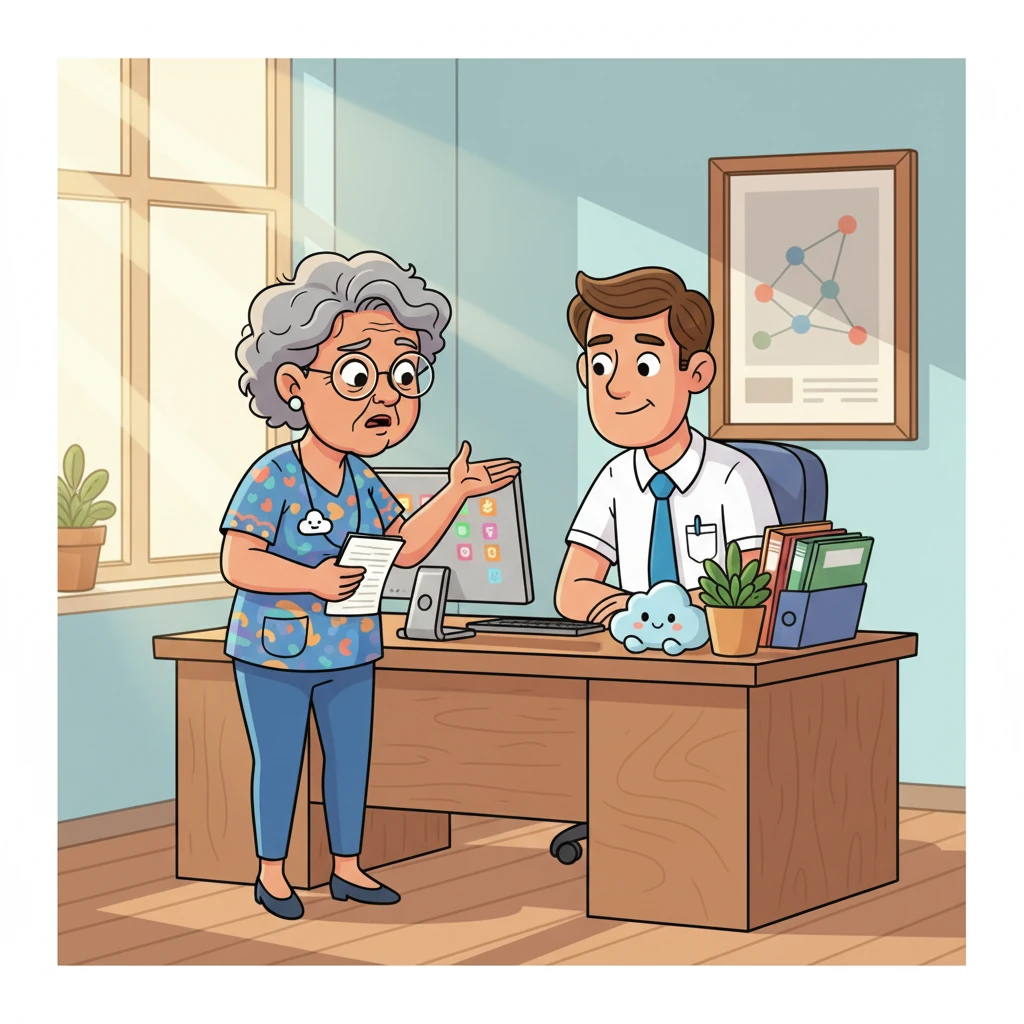 Mrs. Thompson visits the hospital's patient advocacy office, a friendly but official-looking room. She calmly explains her challenges to a kind-faced IT specialist, Mr. Davies, using her detailed notes. She emphasizes that many seniors likely face similar barriers to accessing vital health information.