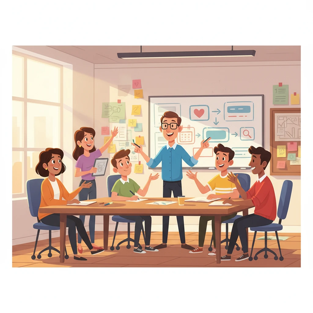 Inspired by Mrs. Thompson's feedback, Mr. Davies leads a team of designers and developers. They brainstorm new ideas, sketching wireframes for a simpler, more accessible patient portal. Large buttons, clear language, and intuitive navigation become their top priorities for the redesign.