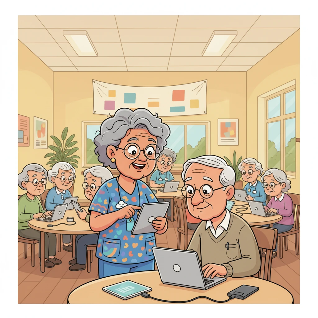 A few weeks later, the hospital proudly launches a new "Senior-Friendly Portal" and hosts community workshops. Mrs. Thompson is invited as a special guest, smiling as she watches other seniors learn to use the improved system. The room buzzes with a newfound sense of empowerment and understanding among the attendees.