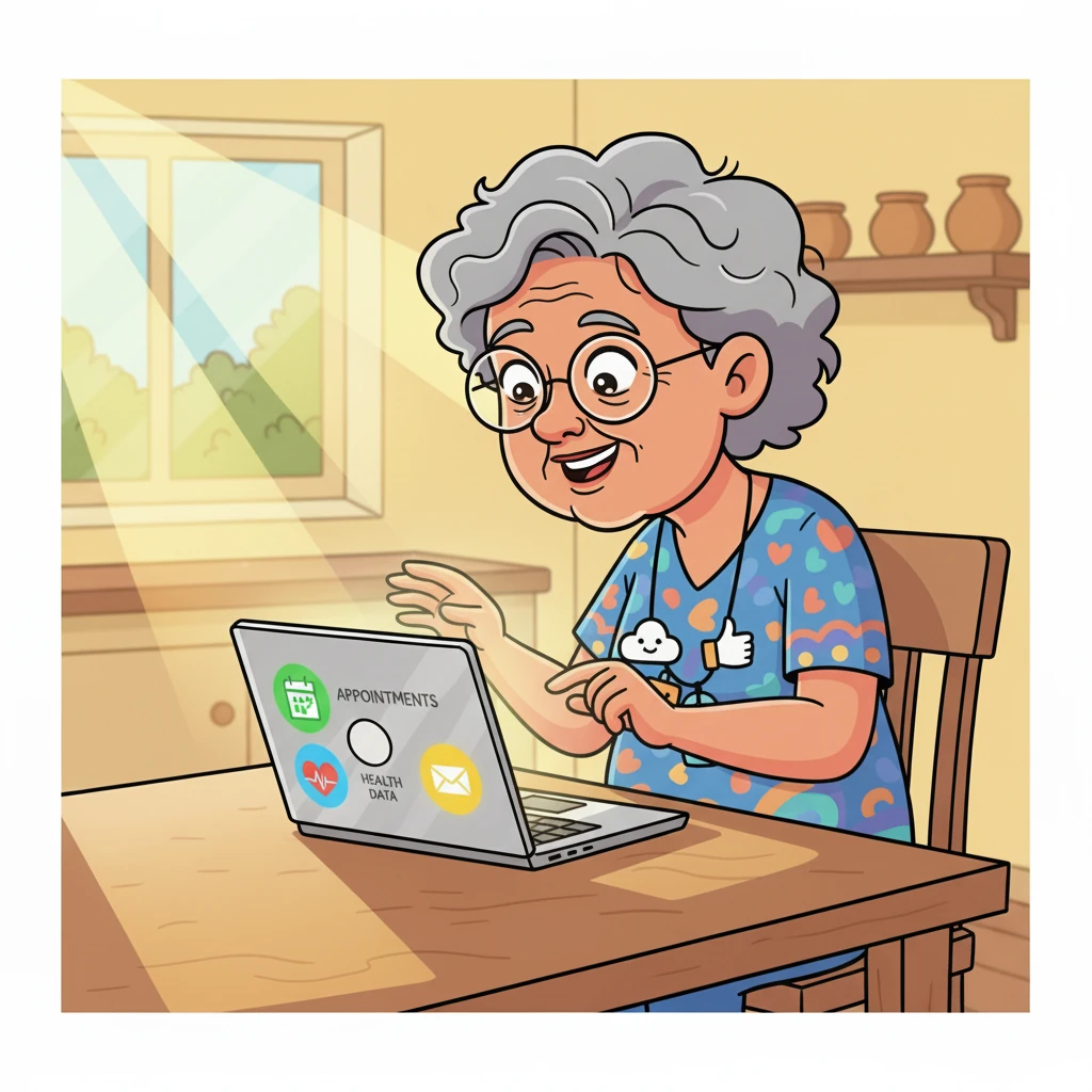 Back at her kitchen table, Mrs. Thompson confidently logs into the updated portal. The icons are large, the text is clear, and finding her next appointment is a breeze. A satisfied smile spreads across her face as she easily navigates her health information, feeling in control.
