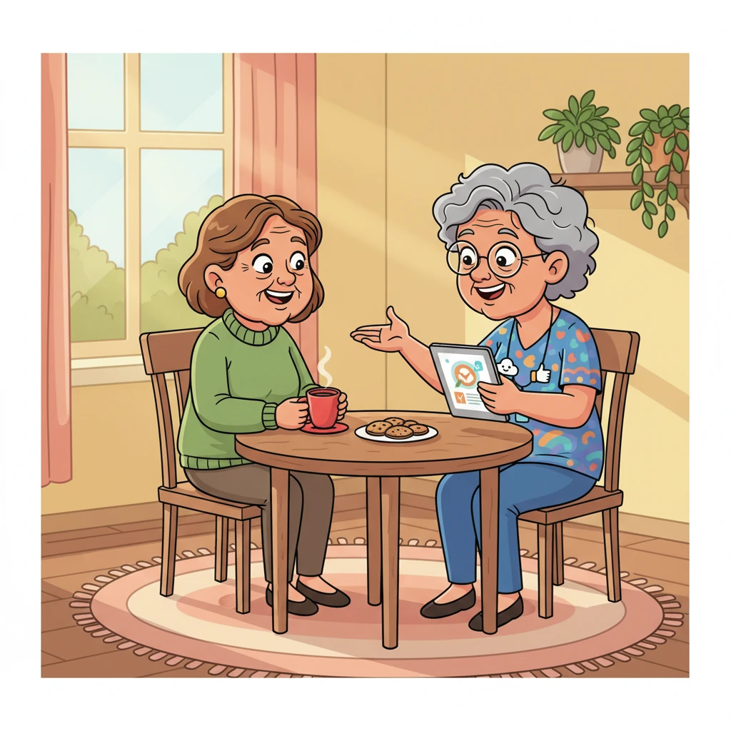 Mrs. Thompson, now a confident digital health user, shares her success story with a friend over a cup of tea. She feels connected, informed, and empowered, knowing her voice helped create a better experience for everyone. Her small act of advocacy made a big difference, showing how technology can truly serve all.