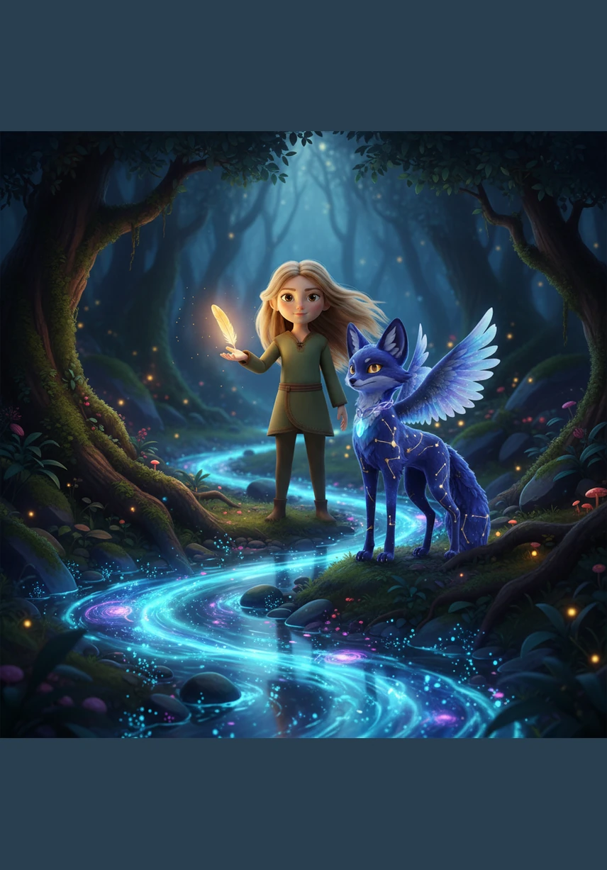 Ils rencontrent un ruisseau dont l'eau chante des mélodies oubliées et semble faite de diamants liquides. Pour traverser, Elara doit utiliser la plume magique pour calmer les vagues turbulentes qui protègent le passage vers le cœur du bois.