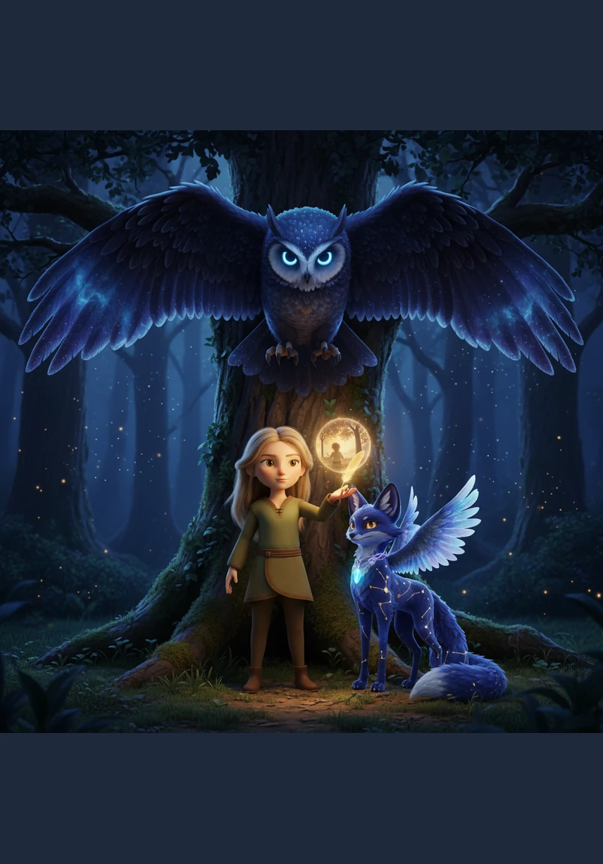 Une chouette majestueuse aux ailes de velours descend du sommet de l'arbre pour les mettre au défi. Elara doit partager son plus beau souvenir d'enfance pour prouver la pureté de ses intentions et la force de son esprit.